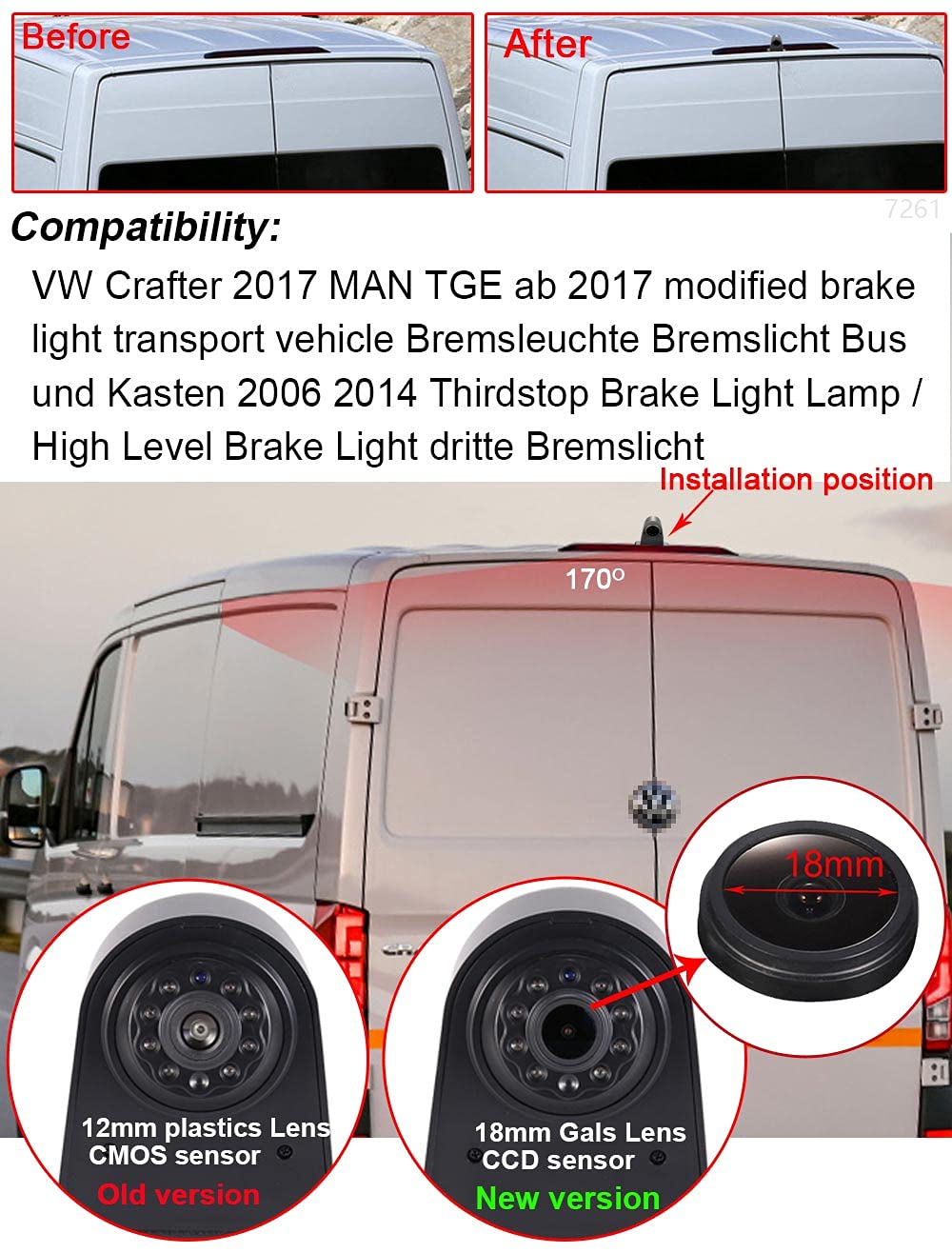 18mm Telecamera auto Third Roof con freno posteriore Telecamera retromarcia, sostituzione per Crafter MAN TGE dal 2017 modificato luce freno veicolo di trasporto (Con display da 7 pollici)