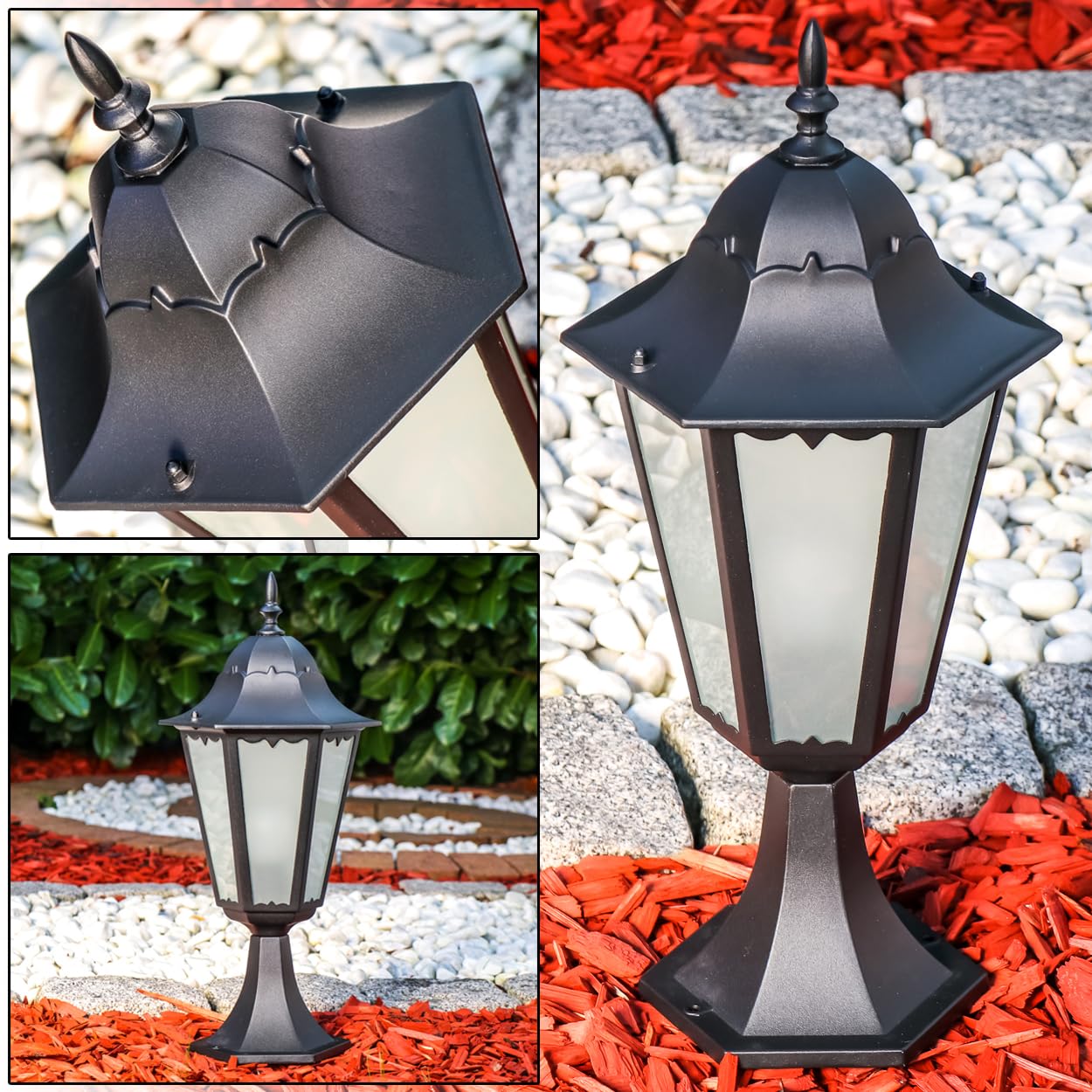 Lampada da esterno Hongkong Frost, lampada di base in stile antico, in fusione di alluminio in nero opaco con vetro, luce di percorso 49 cm, lampada da giardino retrò, E27, IP44, senza lampadina/e