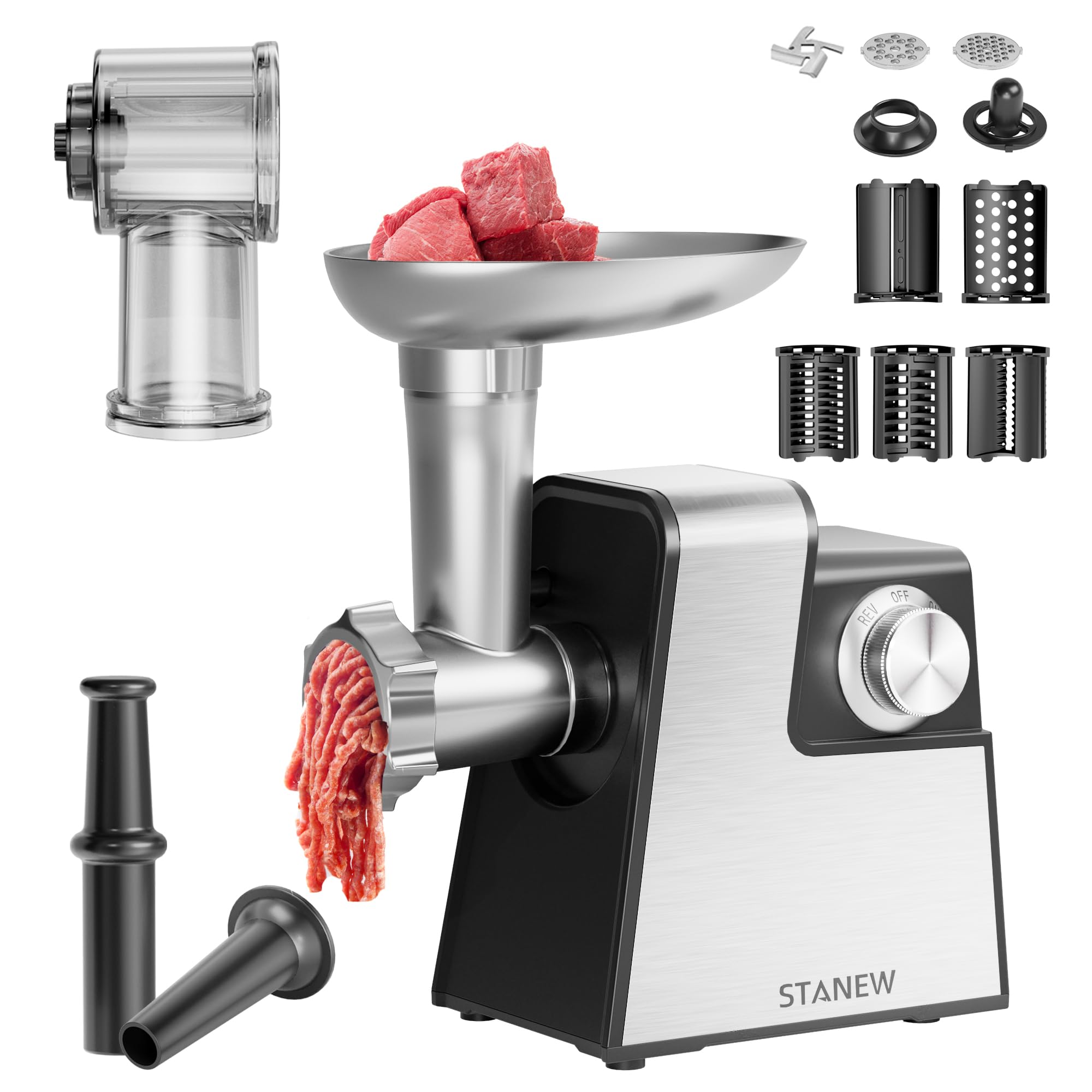 Tritacarne Elettrico STANEW 2500W - Robot da Cucina con 5 Lame Professionali (Taglio Onda/Grattugia) + Accessori Salsiccia/Biscotti, Design Compatto per Carne, Verdure e Formaggio