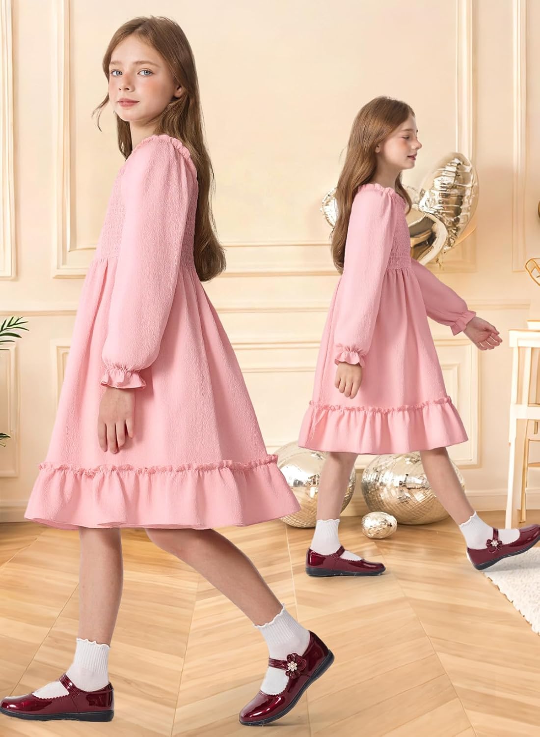 Girls Spring Dress Lantern Long Sleeve Square Neck Ruffle Dress Kids Easter Dress 5-14Y - Image 5