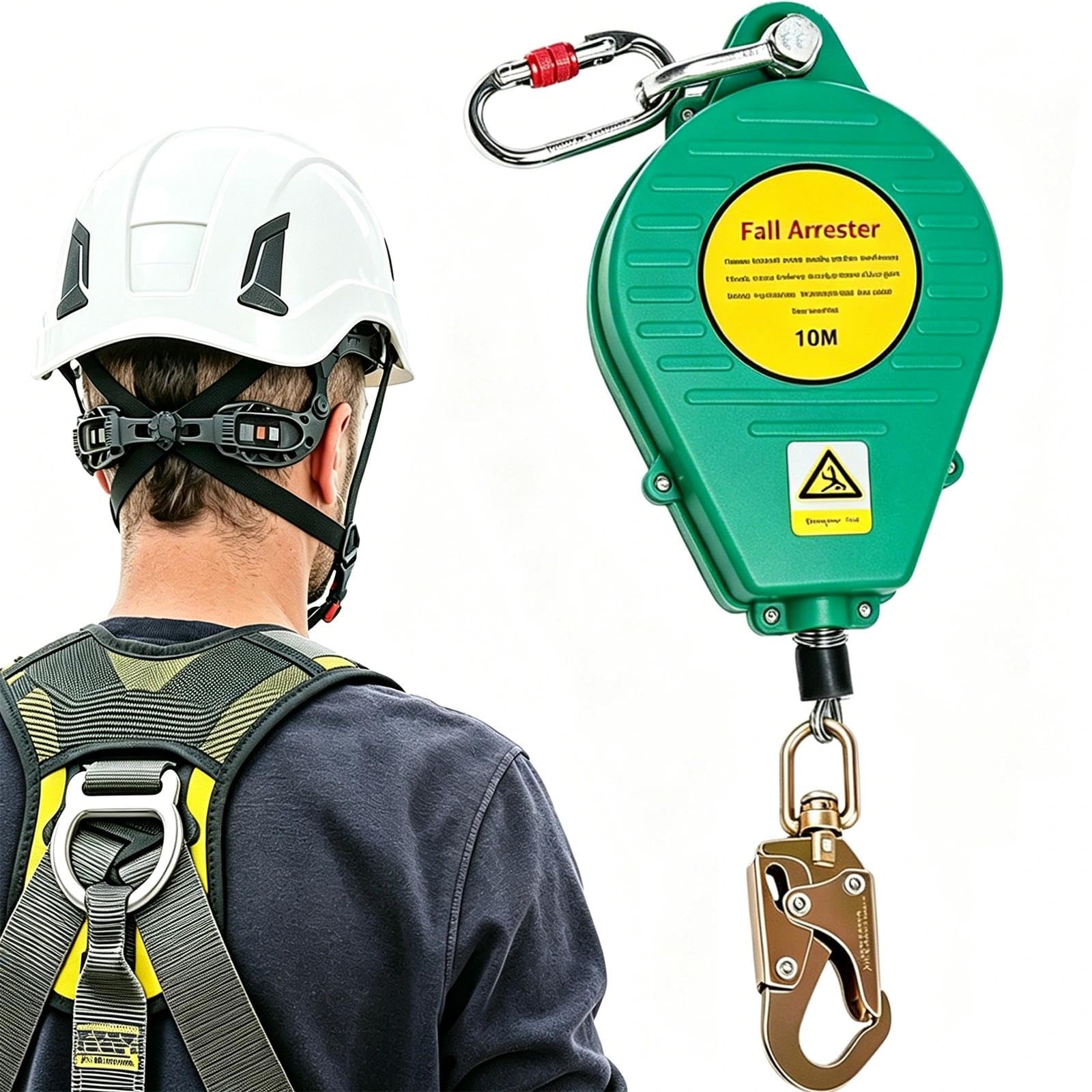 Arnes Linea de Vida Retráctil Tejado, 10m Dispositivo Anticaidas Retráctil Seguridad para Trabajos en Altura, Arnés de Seguridad Anticaídas Retráctil con Gancio Autobloccante(Verde,10m)