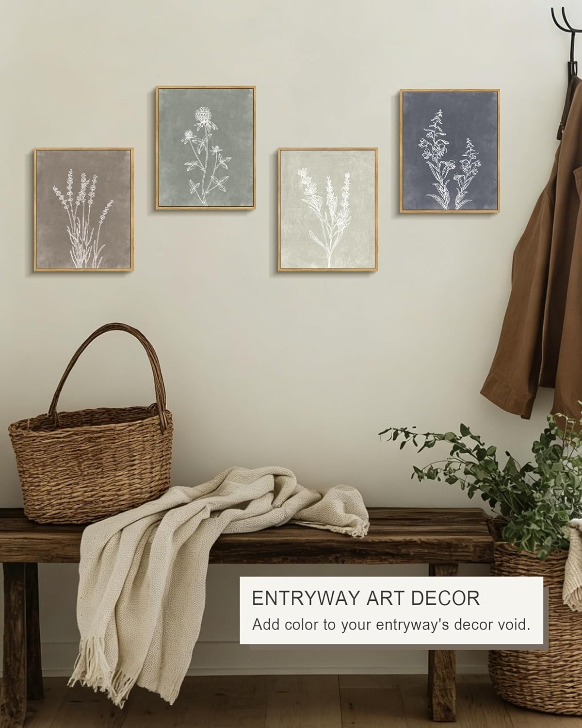 Drsoum Vintage Botanical Boho Framed Wall Art Wooded Antique Flower Bouquet Prints Farmhouse Retro Plants Rustic Bathroom Kitchen Home Decor Ready to Hang 8x10inx4pcs (Natural Framed)