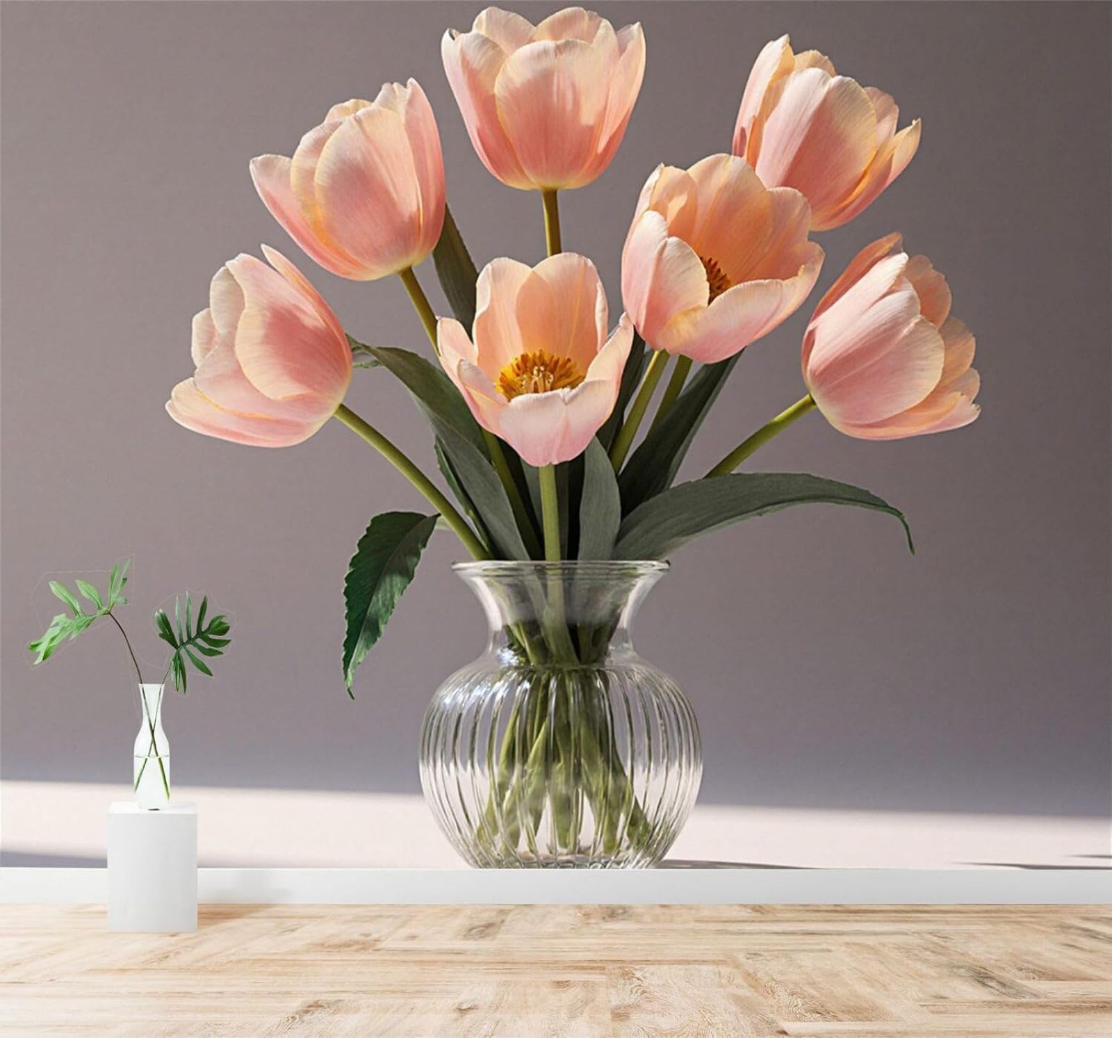 XLMING Simple Beautiful Pink Tulips in A Glass Vase 3D Wallpaper Silky Texture Home Study Office Grey Dining Room Sofa Bedroom Living Room TV Backdrop-350cm×256cm