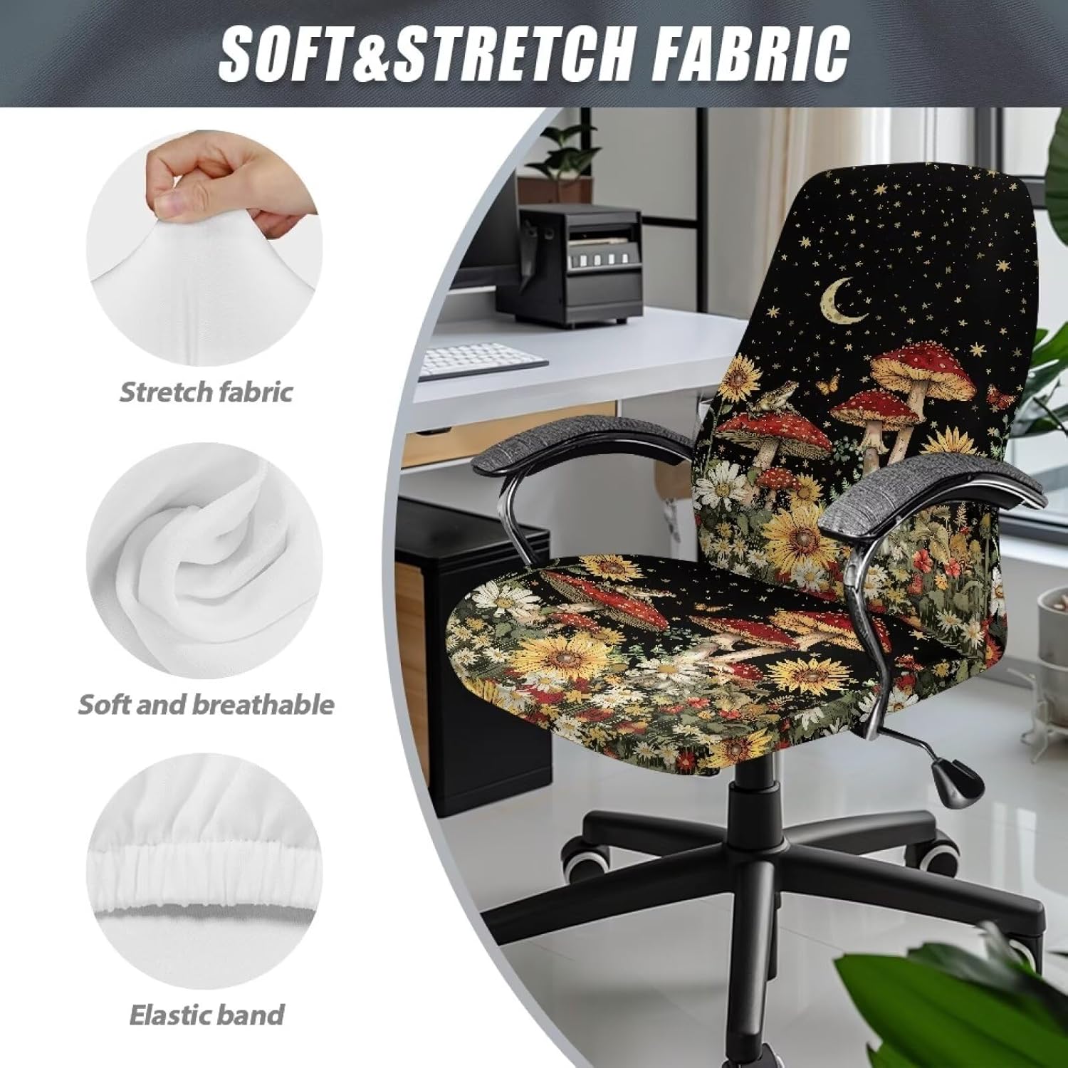 Mushroom Office Chair Seat Cover Desk Chair Seat Slipcover Universal Computer Chair Covers Stretch Rotating Chair Slipcover with Elastic Band