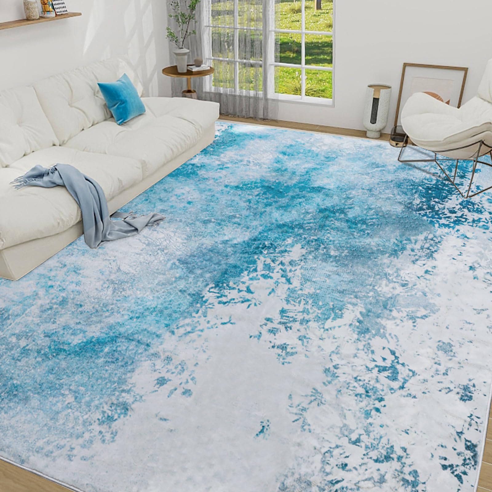 auruge 8x10 Area Rugs Abstract Living Room Rug Vintage Accent Rugs Foldable Cozy&Fluffy Carpet with Anti-Slip Backing,Non Shedding & Machine Washable Area Rugs for Bedroom Dining Room Office,Ice Blue