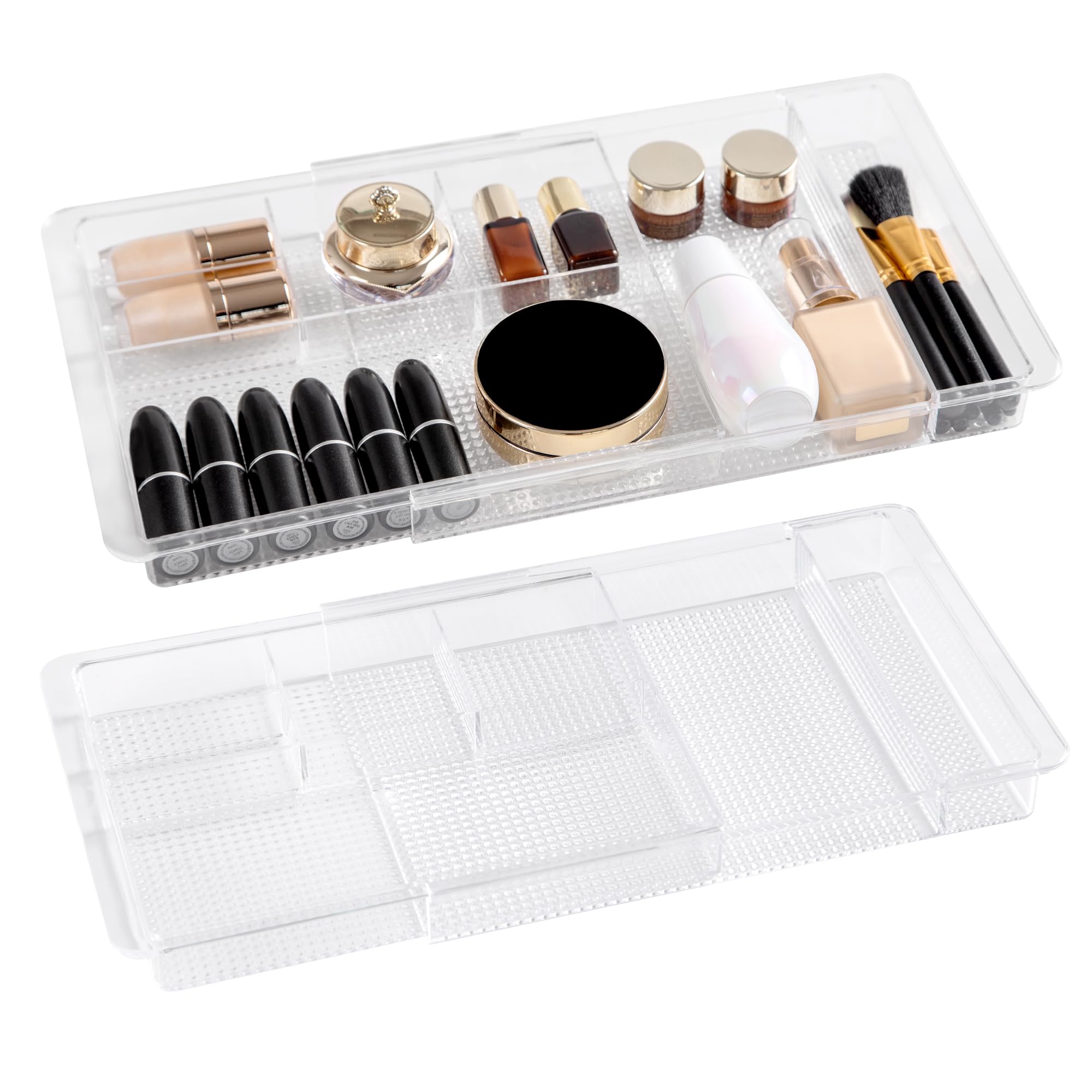 Oubonun Organizer espandibile per cassetti da 28,2 cm a 48,8 cm di larghezza, organizer per cosmetici poco profondo 3,3 cm di altezza, 2 confezioni, vassoi portaoggetti in plastica trasparente per