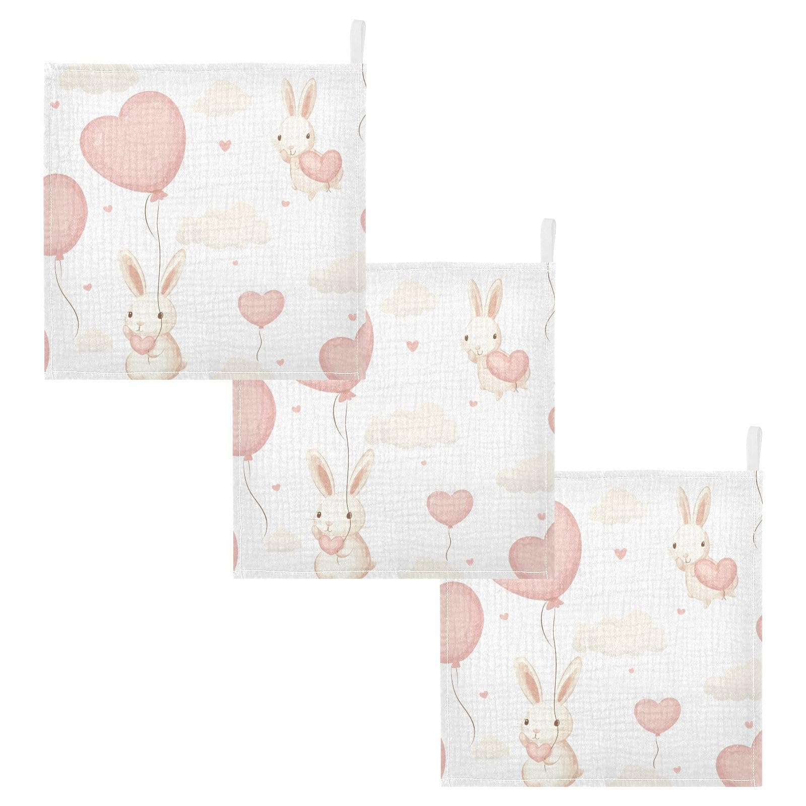 YETTASBIN Valentines Rabbit Muslin Baby Hand Washcloths Soft Cotton Bath Face Towel 4 Layers Extra Absorbent Feeding Burp
