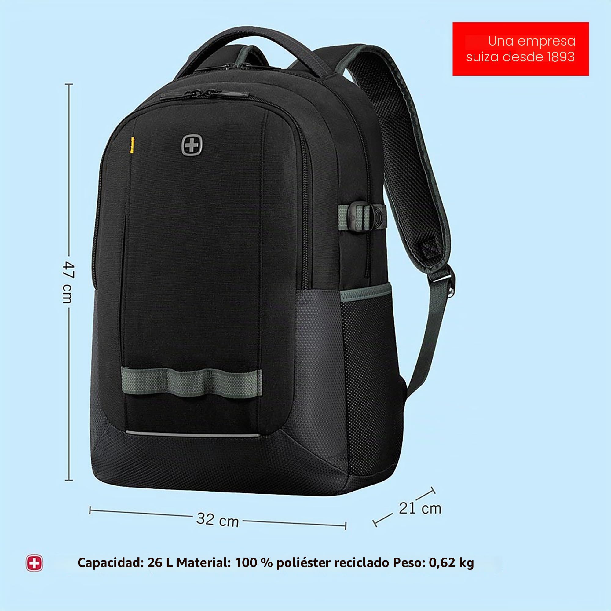 Wenger Ryde Mochila para portátil con compartimento para tableta, portátil de hasta 16", tableta de hasta 10", organizador de artículos, 24 l, oficina viajes negocios universidad, negro, 612567