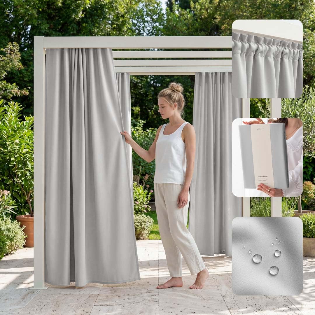 ROOM99 Garden Line Outdoor Curtain with Ruffle Tape, 155 x 270 cm, Width x Height Outdoor Curtain, Weatherproof, Waterproof Privacy Screen, Sun Protection Curtains, Garden, Windproof, Light Grey