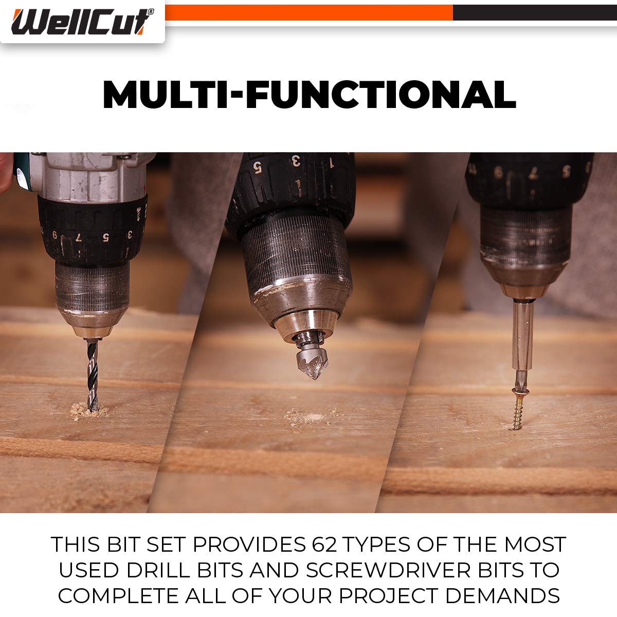 Wellcut - Set di 62 punte per trapano e cacciavite in acciaio HSS, con supporto magnetico