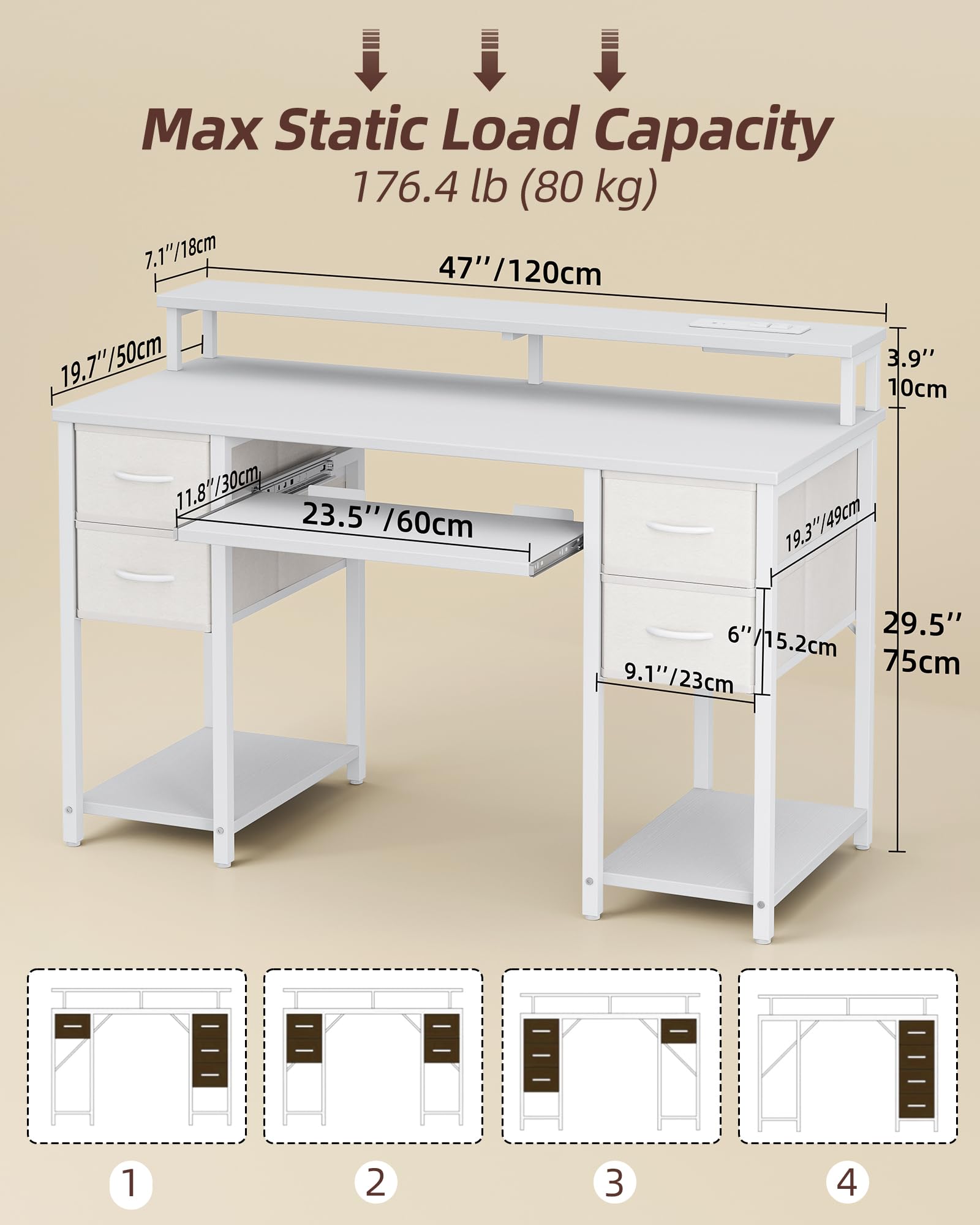 BEXEVUE Scrivania Moderna LED con Ciabatta - 120x50cm Scrivania Gaming Tavolo Computer con Supporto Monitor Vassoio per Tastiera, 4 Cassetti Reversibili, Grande Spazio Studio Gioco Lavoro Casa Ufficio