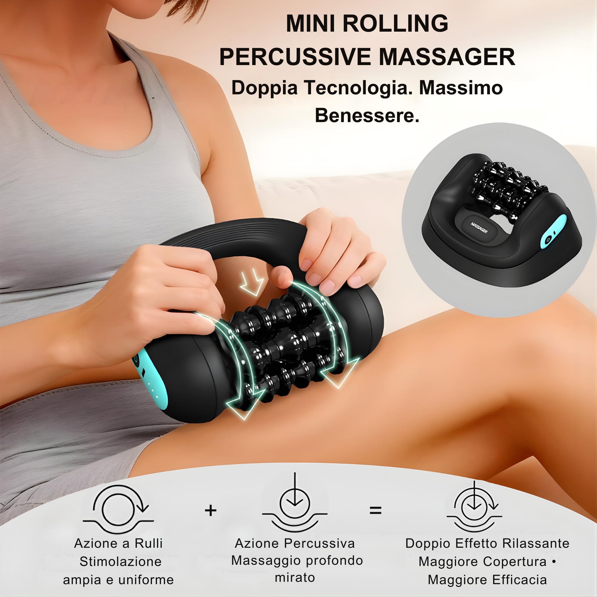 Massaggiatore Elettrico Anticellulite Percussivo – Doppia Azione Rulli + Vibrazione, Effetto Drenante e Rassodante, Riduce Tensione Muscolare, Massaggio Profondo Gambe e Corpo, Portatile