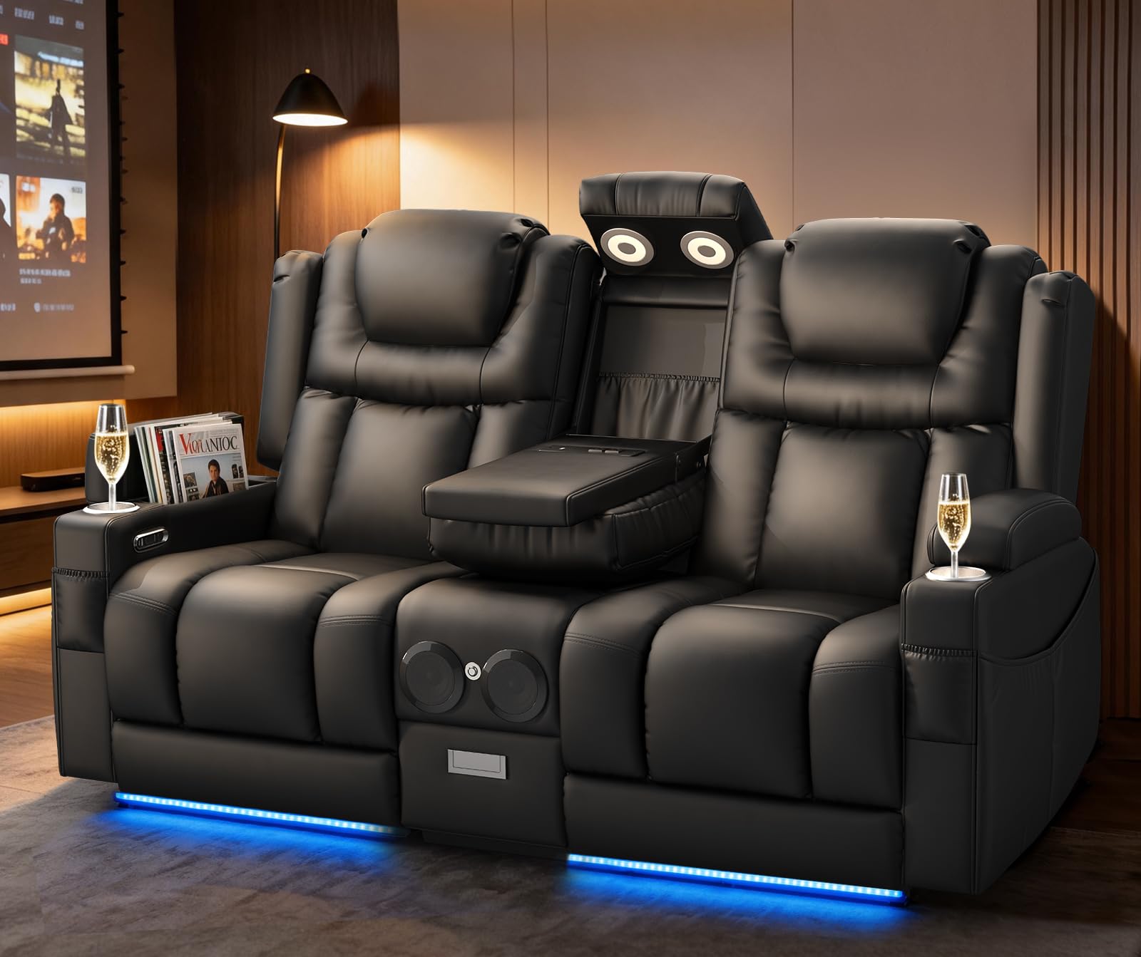Power Loveseat Recliner Sofa with Console, Wall Hugger Reclining Loveseat with Reading Light, Home Theater Seating with LED Lights, Zero Gravity Recliner Couch for RV Couch and Living Room