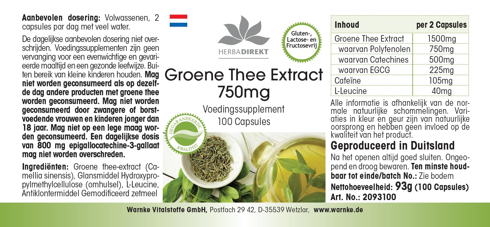 Estratto di tè verde 750 mg capsule - 100 capsule - polifenoli - catechine - EGCG - caffeina - ad alto dosaggio - vegano | HERBADIREKT by Warnke Vitalstoffe - Qualità farmaceutica tedesca