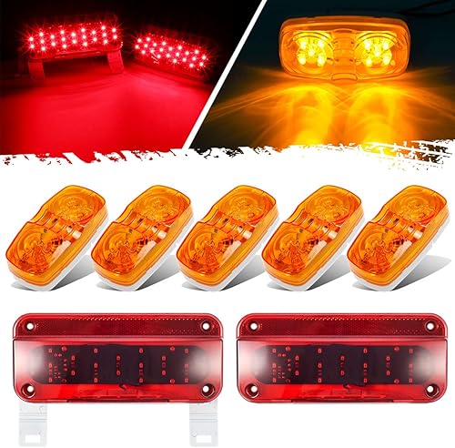Partsam Kit de luces traseras de remolque para caravana, 5 luces LED ámbar de doble diana + 2 luces traseras LED rojas de freno con luz de licencia