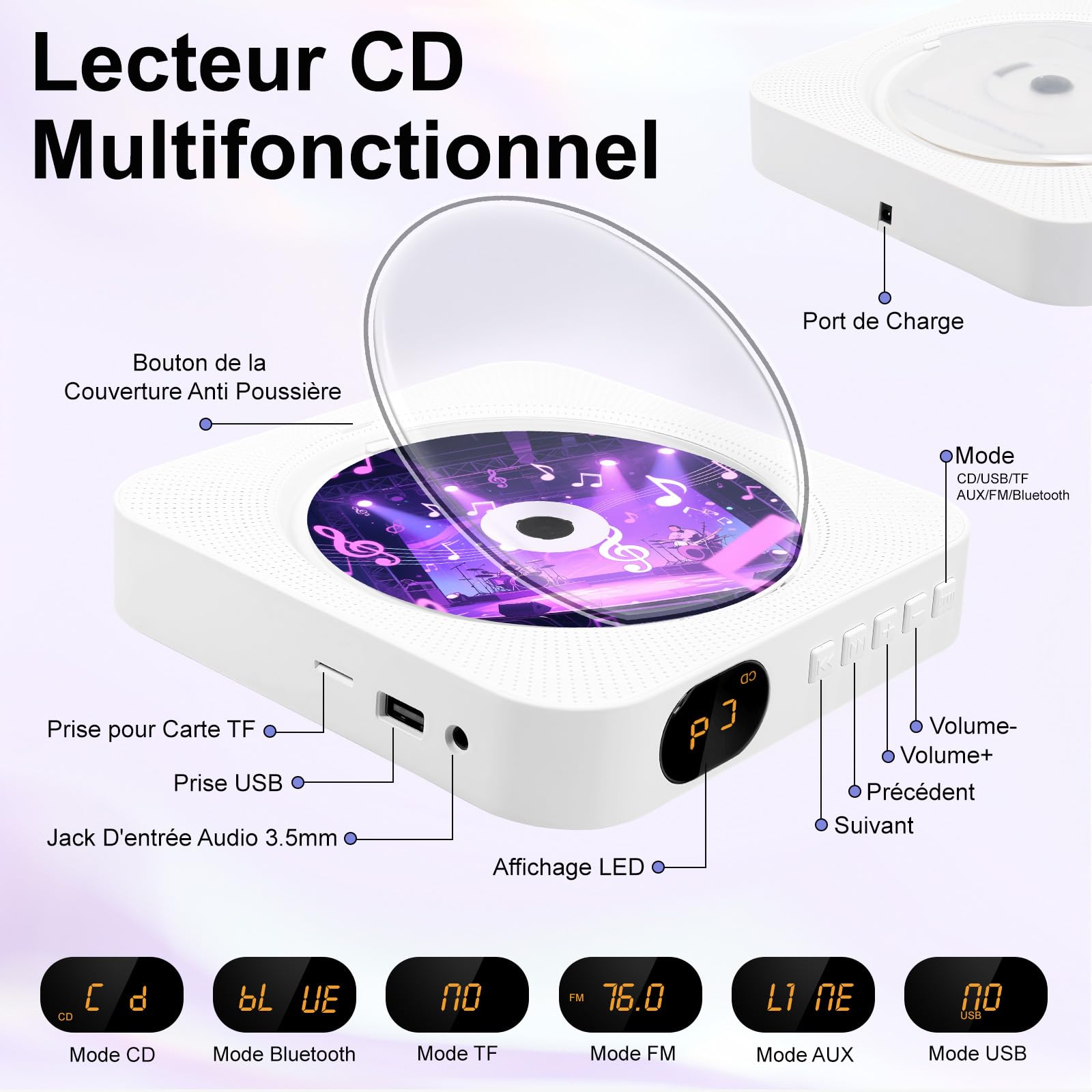 Lecteur CD Portable Bluetooth, Lecteur de CD de Bureau avec Haut-Parleur HiFi Intégrés, écran LED Audio avec Télécommande Prise Radio FM USB AUX, Blanc
