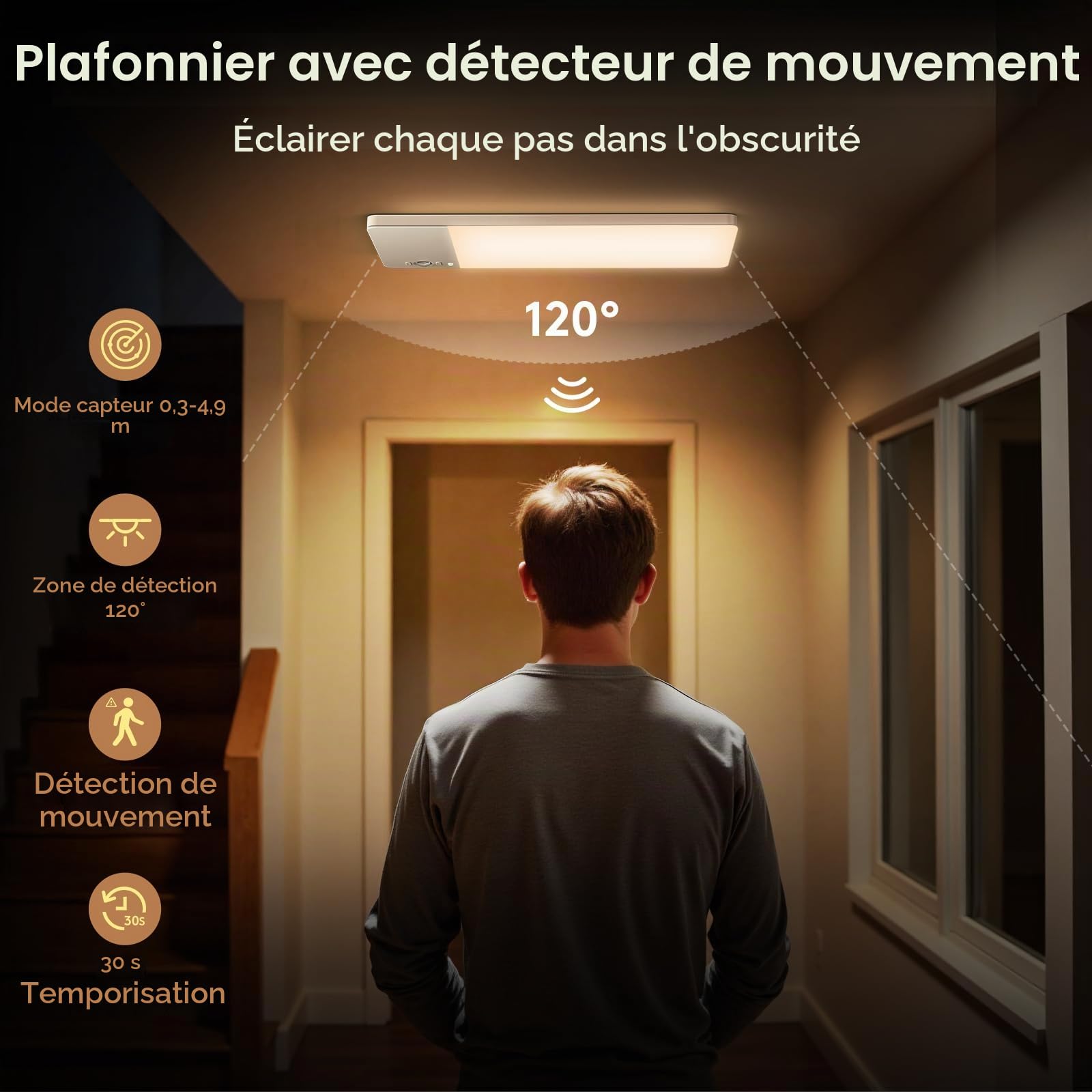 Plafonnier LED, avec détecteur de mouvement et télécommande, à intensité variable et sans fil, avec batterie de 12 000 mAh, autonomie ultra longue pour escaliers, couloirs, garage (2)