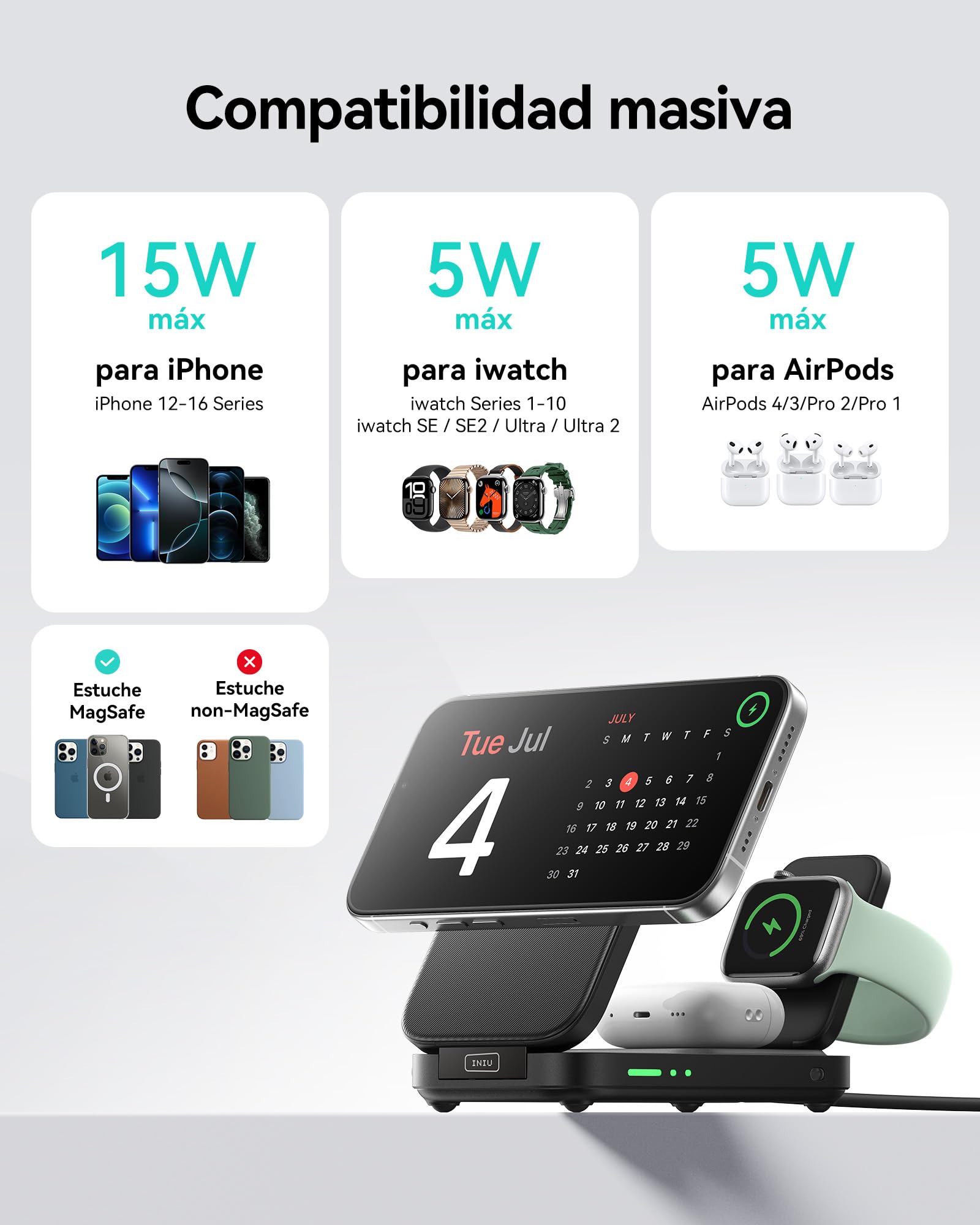 INIU Cargador Inalámbrico 3 en 1, 15W Certificado Qi2 Cargador de Viaje rápido Plegable magnético Compatible con Mag-Safe para iPhone 17e /17/16/15/14/13/12/Air Series, Apple Watch & AirPods Pro/4/3/2