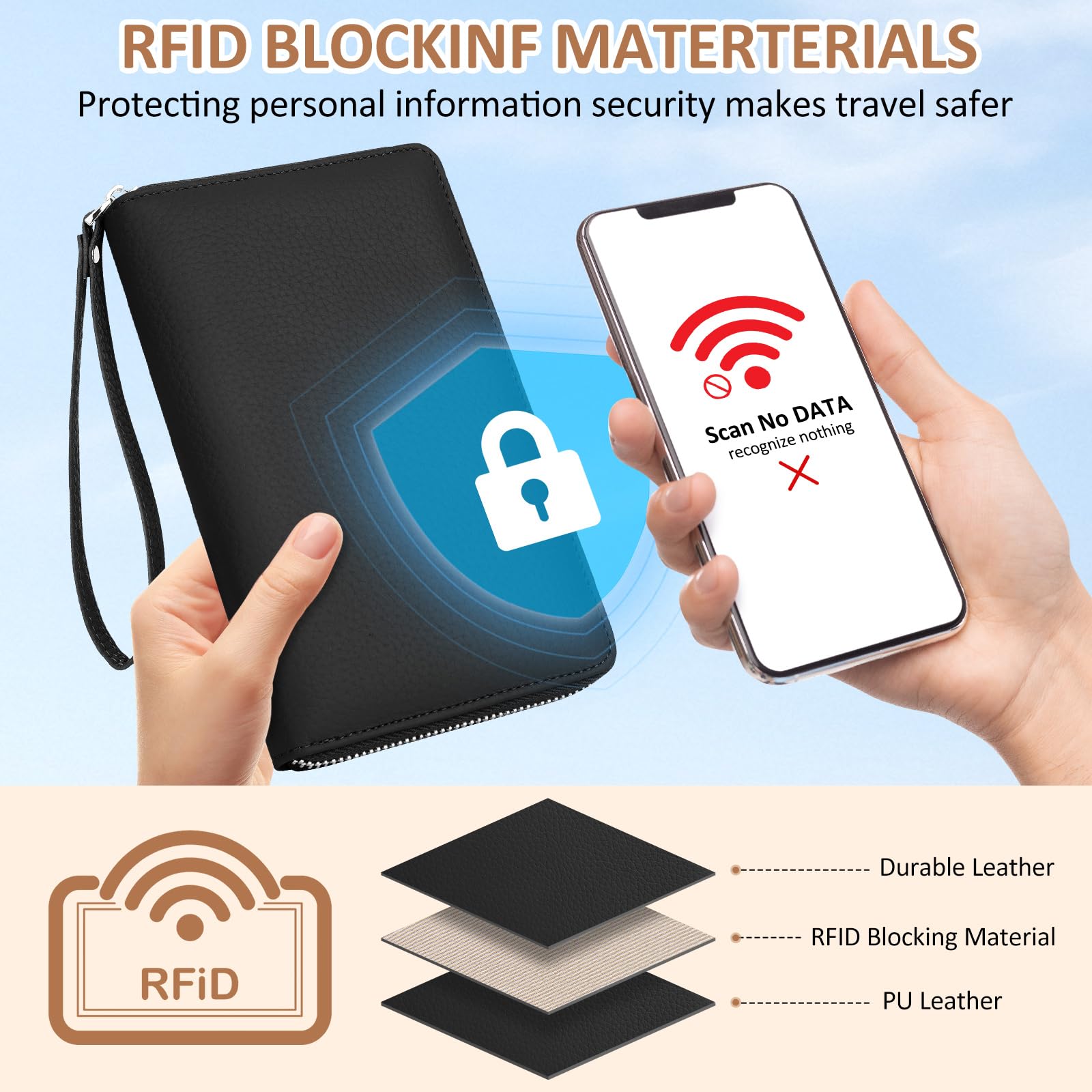 Funda Pasaporte RFID Porta Pasaporte Piel Passport Wallet Impermeable Passport Cover Portadocumentos Viaje para Documentos Billetes Avión Tarjetas, Negro