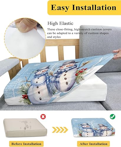 Miniatura 5 de Blue Snowman Christmas Couch Cushion Covers, Stretch Sofa Cover with Elastic Bottom, Snowflake Winter Xmas Tree Sofa Slipcovers Protector Washable
