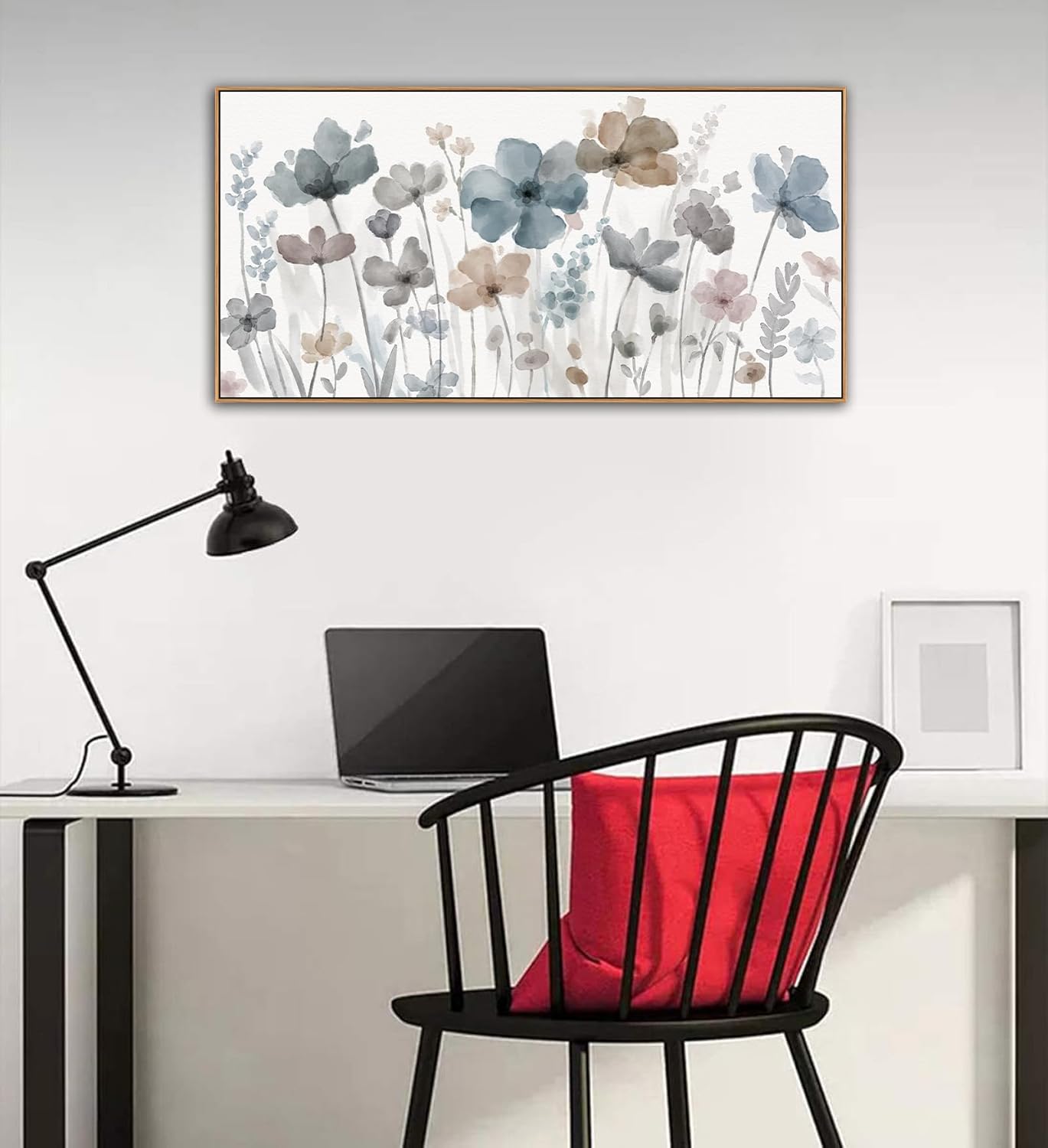 yearainn Framed Elegant Watercolor Floral Wall Art – Blue and Taupe Botanical Flowers Picture, Soft Abstract Floral Painting Artwork for Home Wall Decor, Ready to Hang, Natural Wood Frame, 20" x 40"