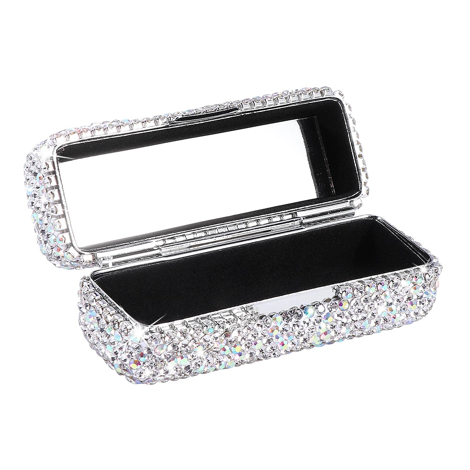 Crystal Lipstick Case Holder Shiny Rhinestone Lipstick Organizer w/Mirror