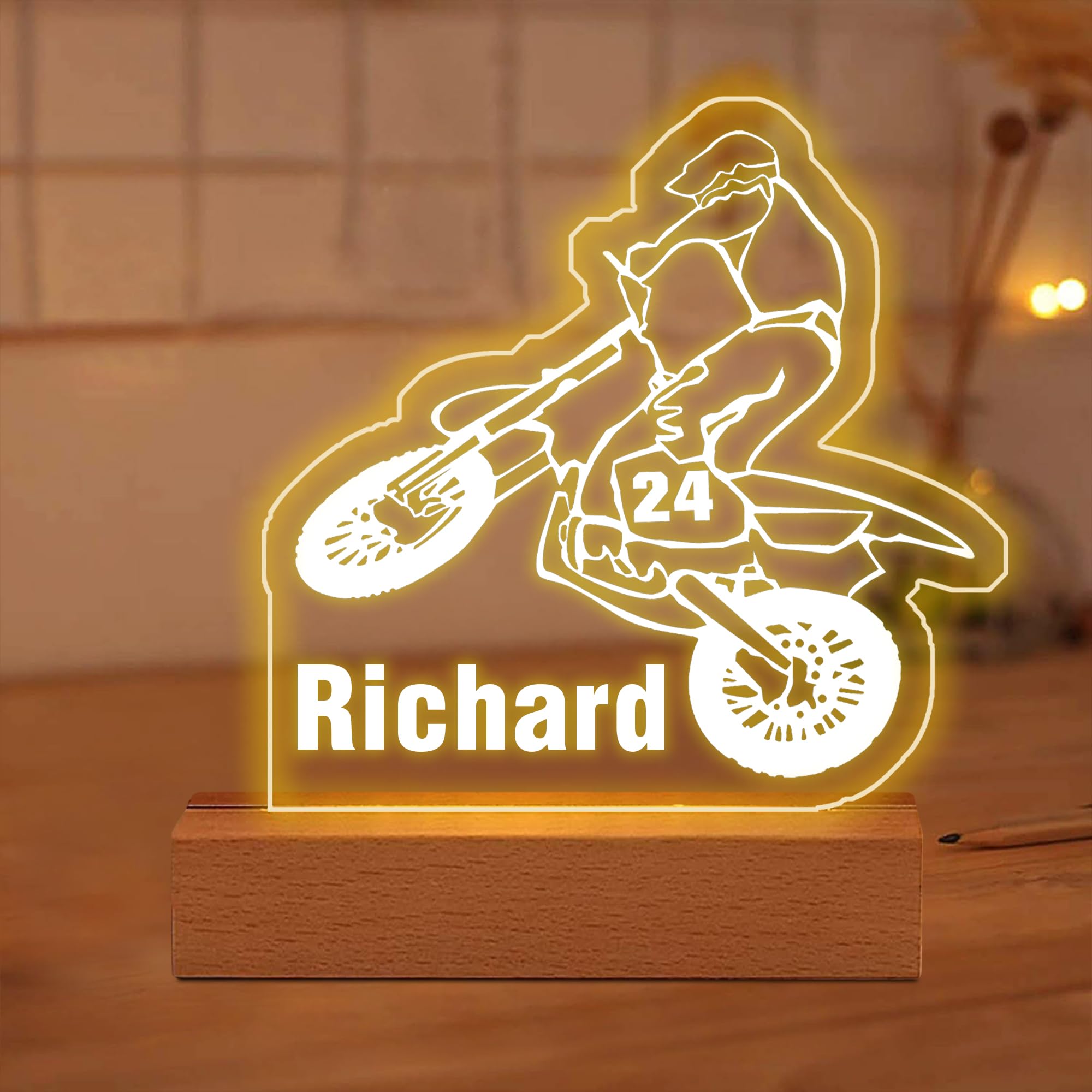 Personalzied Motorcyclist Name Acrylic Night Light with Base 3D Illusion Motocross Dirt Bike Lamp LED Motorcycle Table Lamps Light Up Motorcycle Bedroom Decor Gift For Motorcycle Lovers Dad Men Son