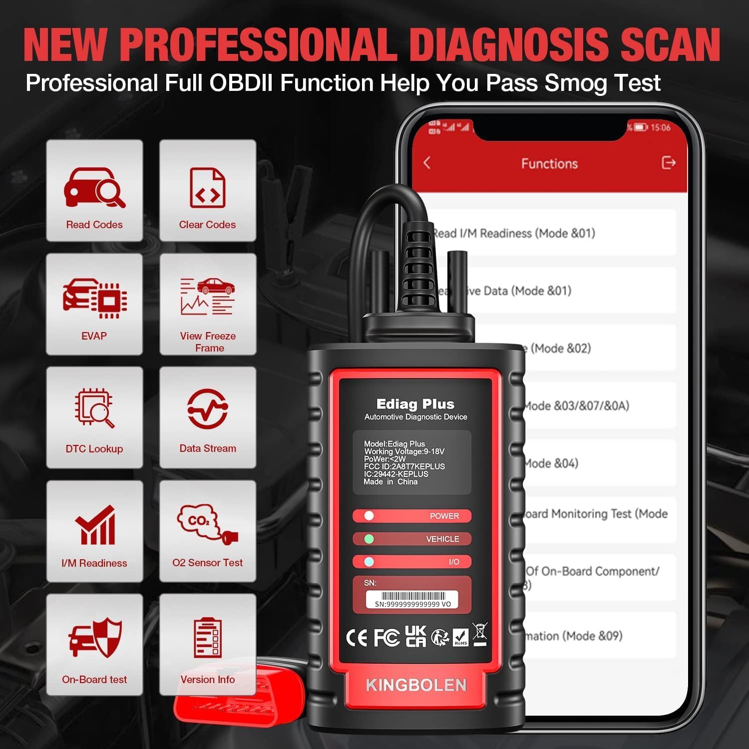 KINGBOLEN Ediag Plus Bluetooth Scanner, All System Bidirectional Test OBD2 Diagnostic Scanner for iOS & Android with CANFD Protocol, Auto VIN, 15+ Rest, 1 Year Without fee Update