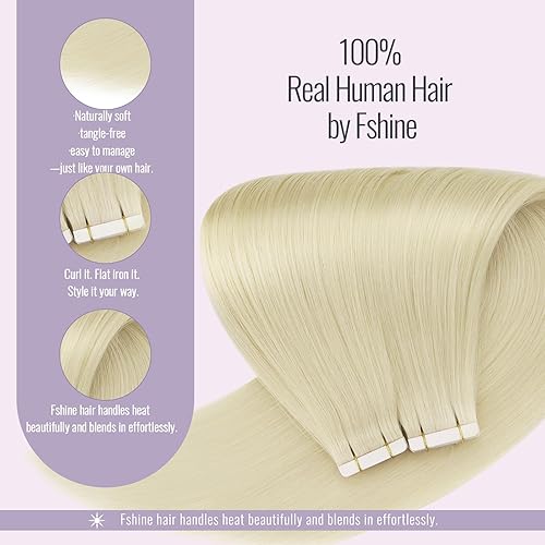 Miniatura 4 de Fshine Extensiones de cabello humano rubio con cinta adhesiva, 12 pulgadas, extensiones de cabello real color rubio blanco con trama cutánea,