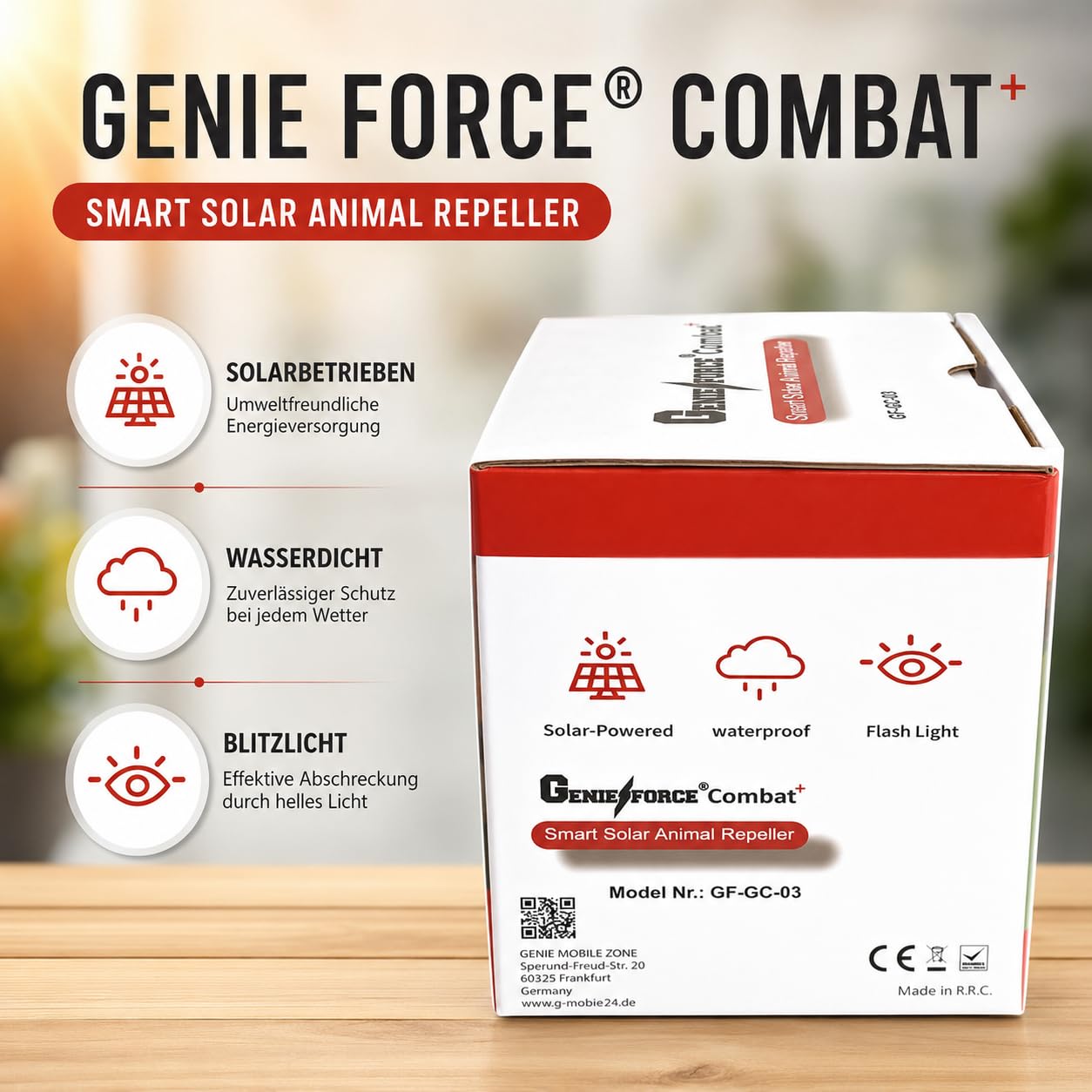 Genieforce® solarny odstraszacz zwierząt z czerwonymi diodami LED, odstraszacz zwierząt, przeciwko dzikim zwierzętom, drapieżnikom, kunom, lisom, szopom praczom, zasilaniu energią słoneczną na