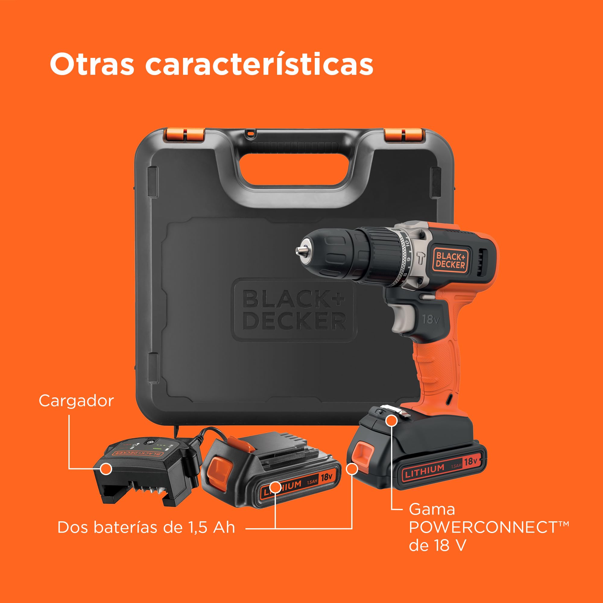 BLACK+DECKER Taladro percutor inalámbrico de 18V y 2 velocidades con dos baterías de 1,5Ah y cargador de 400mA, par de 45Nm, luz de trabajo LED y maletín, BCD003C2K-QW