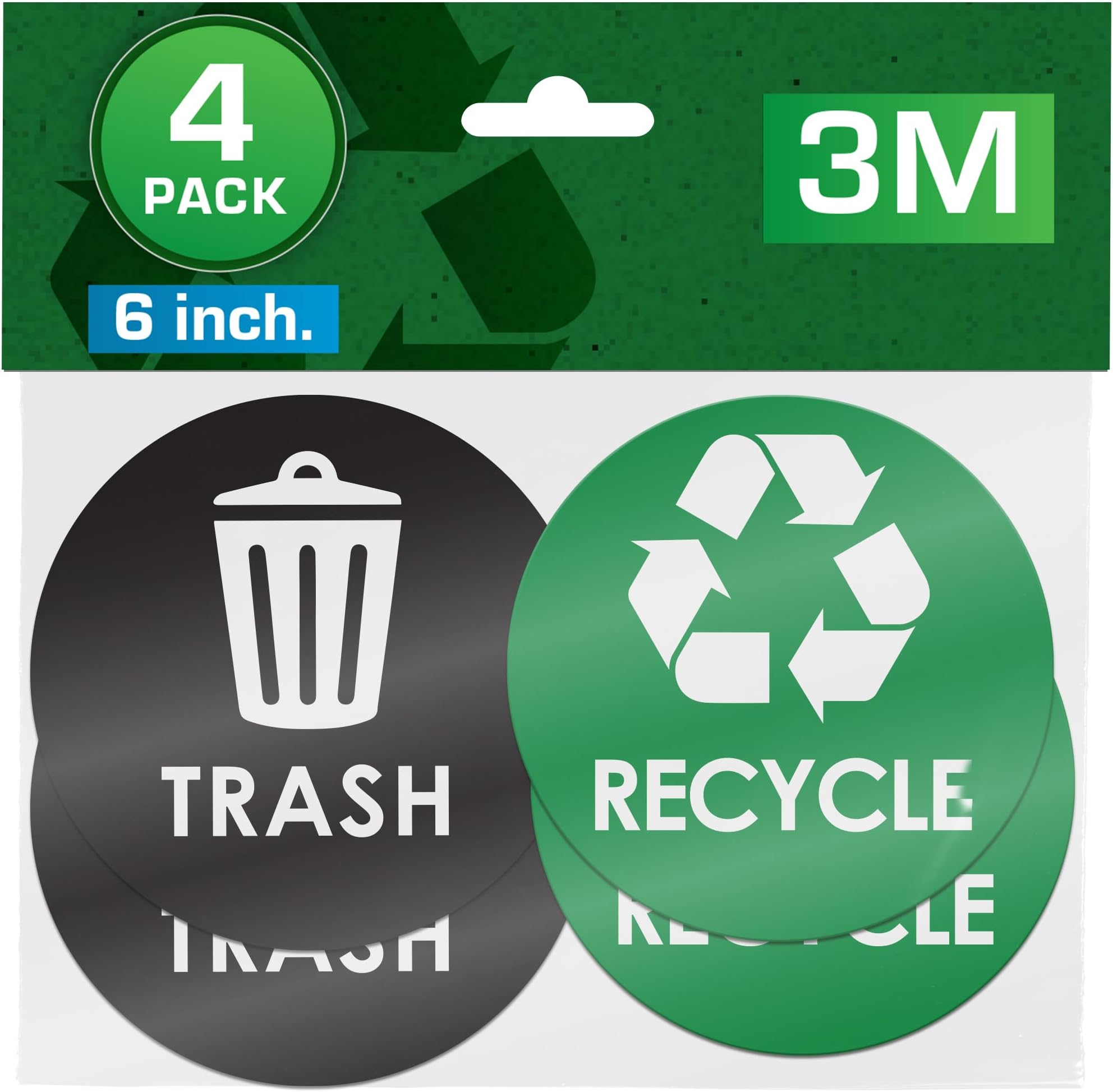 Recycle Stickers for Trash Bins - 6"x6" Round Decals, 4 Pack Set - Recycling Sticker for Trash Can - UV-Resistant Waste Management for Indoor, Outdoor, Kitchen, Office, and Public Spaces