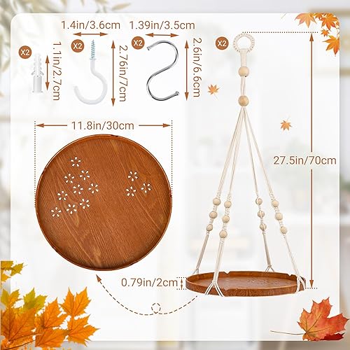 Miniatura 2 de Paquete de 2 macetas colgantes, estante colgante para plantas con cuentas de madera y bandeja de madera para interiores y exteriores, decoración