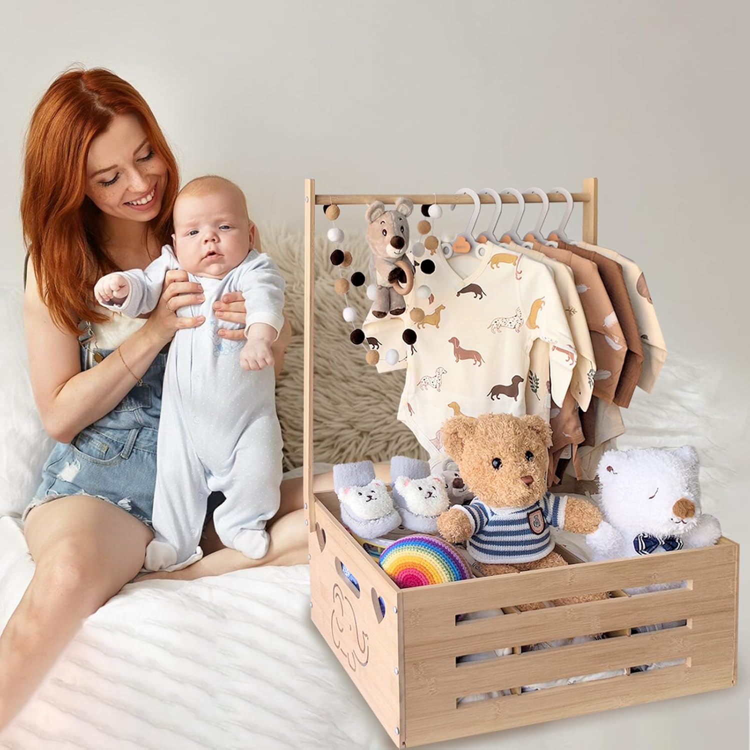 fun-plus Super Size Baby Shower Crate Closet, Baby Shower Basket with Handle Baby Storage Crate, Wooden Crate for Pregnancy New Parent (Bamboo made)