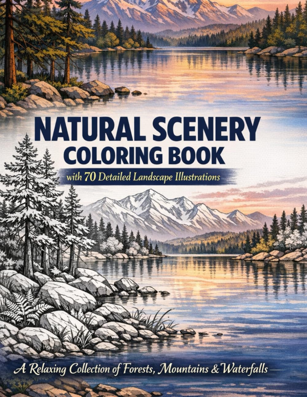 Natural Scenery Coloring Book with 70 Detailed Landscape Illustrations: A Relaxing Collection of Forests, Mountains, Waterfalls and Countryside Views