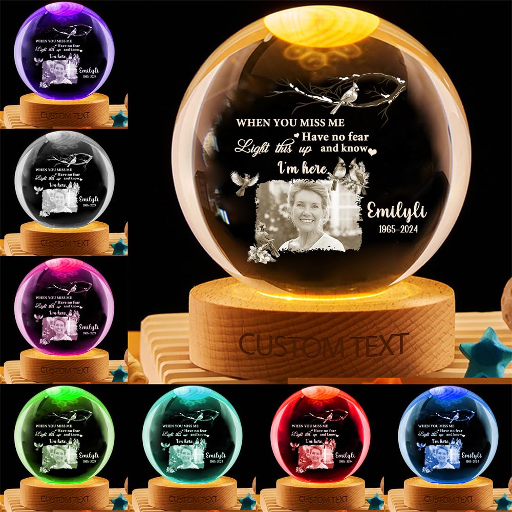 MYZQIFF When You Miss me Have no Fear Personalized Photo Memorial Crystal Globe Lamp, Custom Picture 3D Memory Crystal Ball Night Light Keepsake,Remembrance Sympathy Gift for Loss of Loved Ones