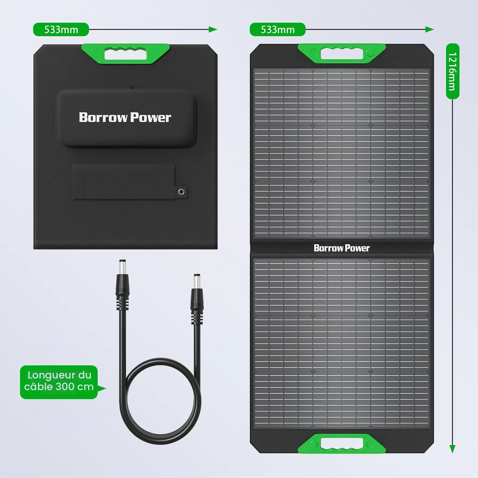 Ensemble de Panneaux Solaires Borrow Power 100W, Chargeur Pliable Portable 18V avec MC4, 2 USB + DC, Taux de Conversion Élevé pour Maison, Camping-Car, Camping, Batterie Externe