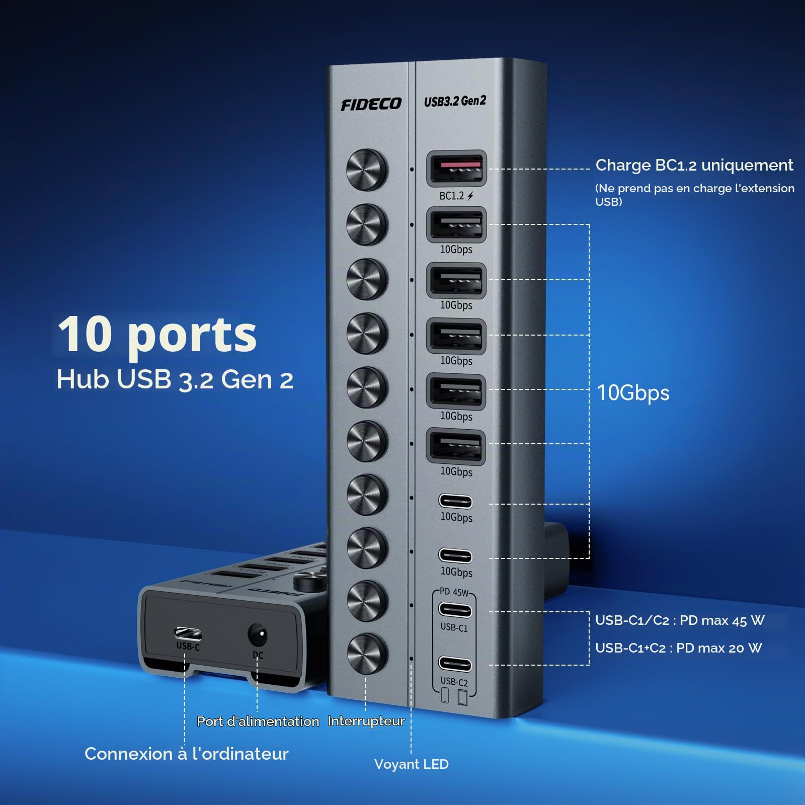 FIDECO Hub Alimenté 10 Ports 72W, Hub USB avec 1 BC1.2, 2 Ports de Charge PD 45W et 7 Ports 10Gbps USB 3.2 (5 USB-A + 2 USB-C), Hub USB en Aluminium pour Laptop, PC, MacBook, iPhone 17/16/15