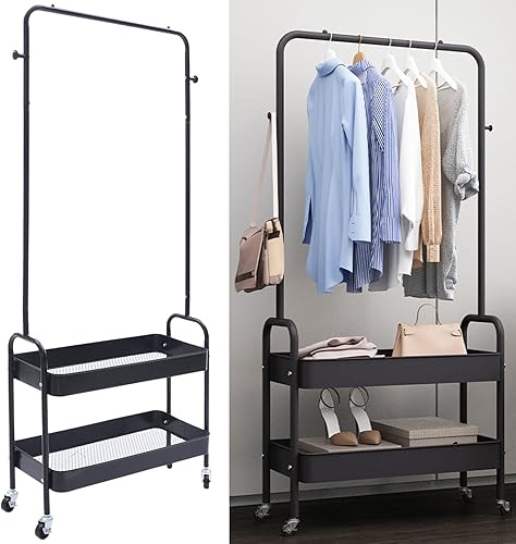 Miniatura 2 de Perchero portátil 2 en 1 con cesta de metal de 2 niveles con 4 ruedas, para pasillo, sala de estar, dormitorio, vestidor, lavandería (2 en 1 negro)
