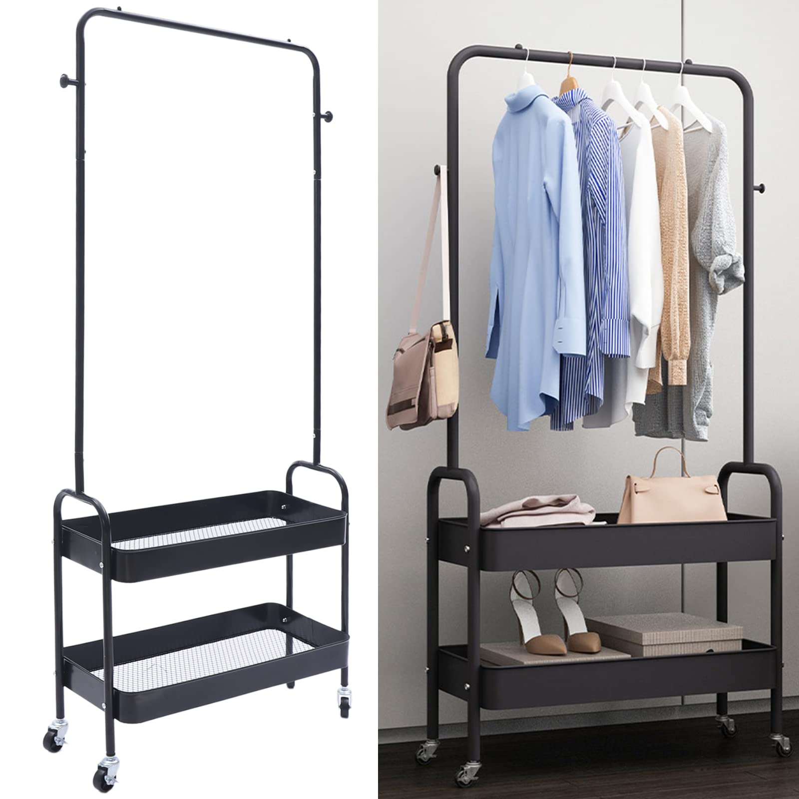 YIYIBYUS Clothes Rack Clothing Rack With 2 Tier Metal Basket, Garment Rack Rolling Storage Cart Clothes Organizer Coat Rack Storage Stand On Wheels, For Home Bedroom Laundry (BLACK)