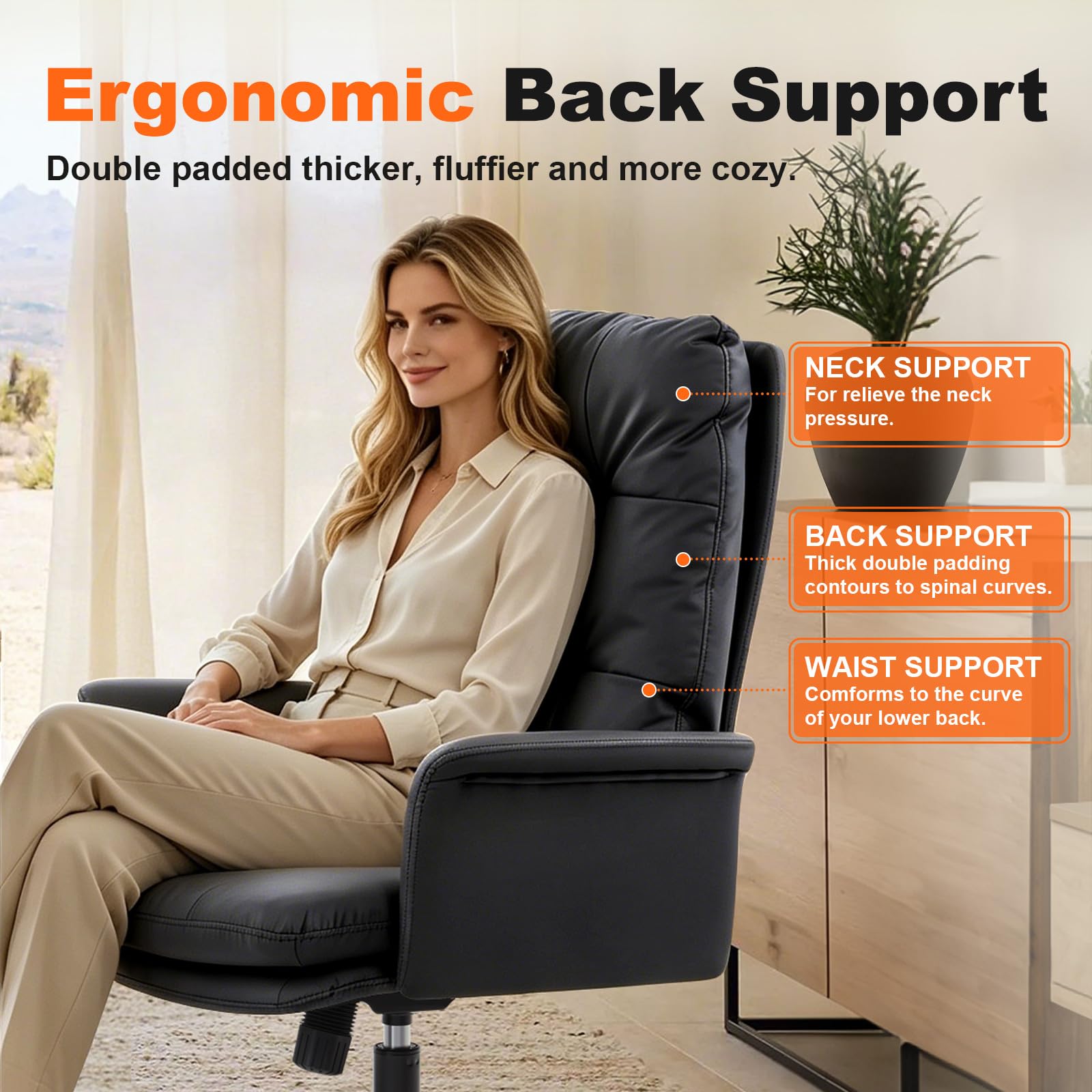 IWMH Schreibtischstuhl Ergonomisch,PU Leder Bürostuhl mit Hoher Rückenlehne | Chefsessel Bequem mit Armlehnen,Doppelt Gepolsterter Drehstuhl für Büro,Homeoffice,Wohnzimme(Schwarz)