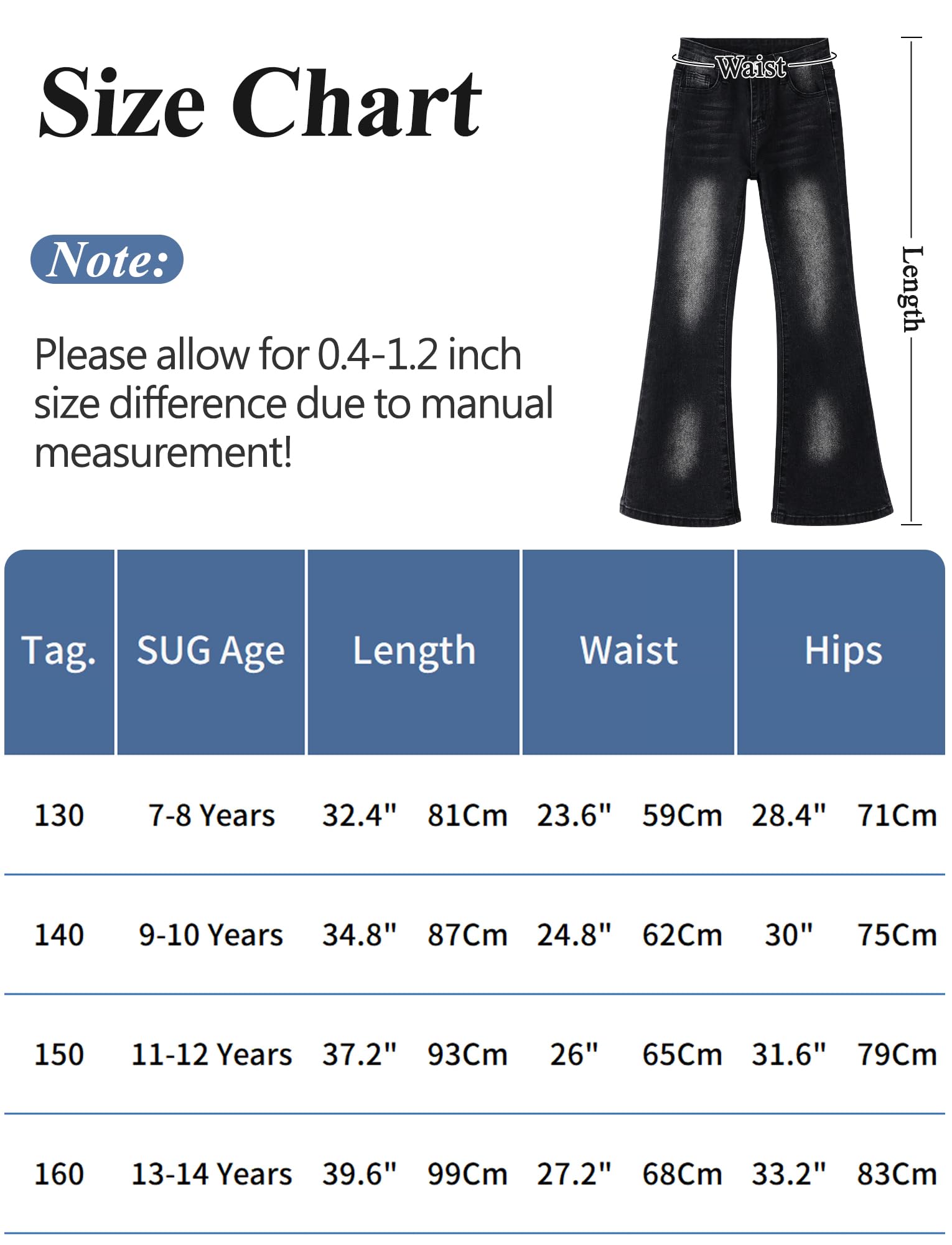 Maeau Vaqueros de Pierna acampanada para Niña, Moda Pantalones Flare Elásticos, Vaqueros de mezclilla delgados, elásticos casuales, con bolsillo, suave, primavera, verano, otoño, talla 130-160/7-14