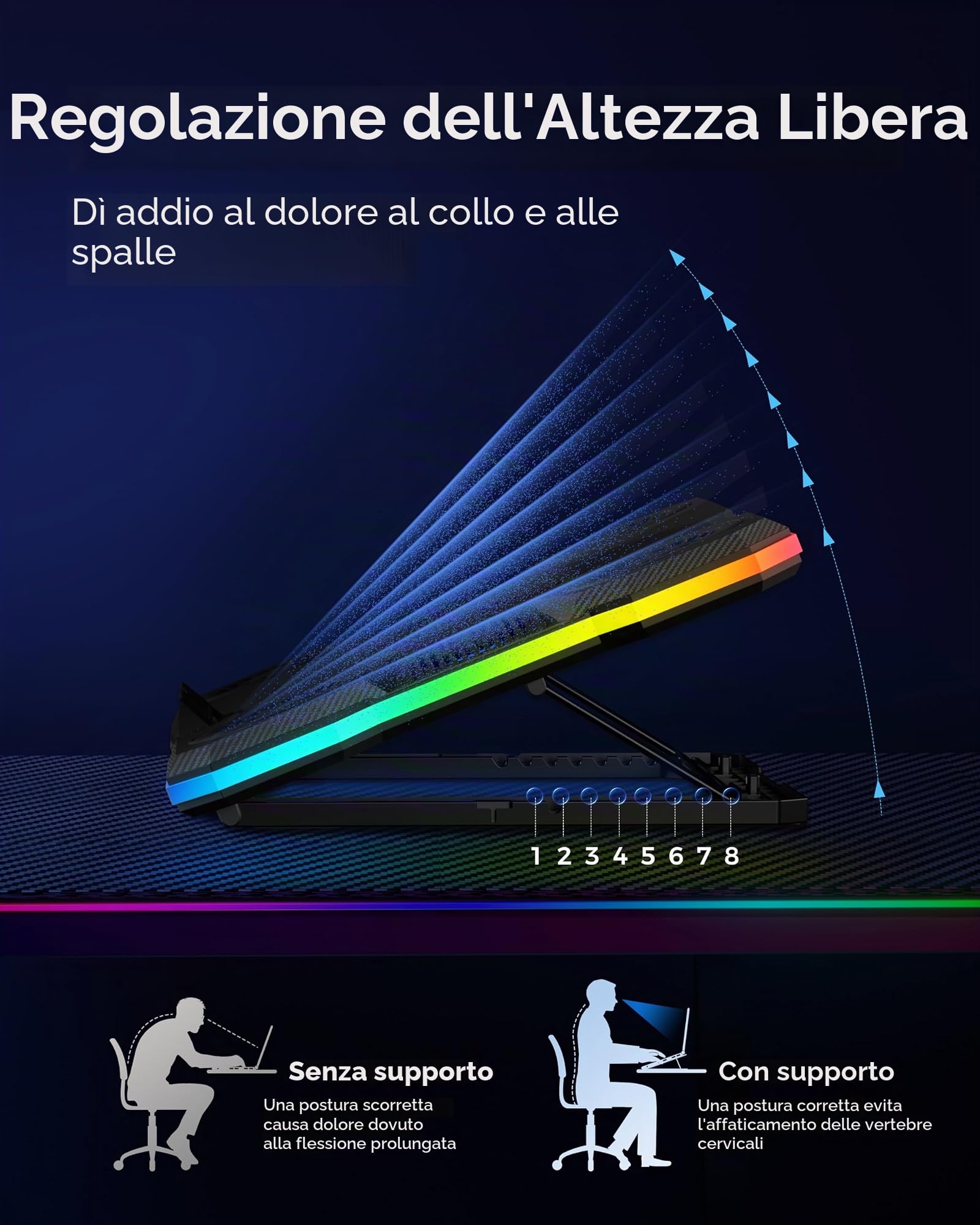 ChillCore Tappetino di raffreddamento per computer portatile, luci RGB, 9 ventole per laptop da 15,6-19,3 pollici, ventola di raffreddamento per laptop da gioco, con 8 supporti di altezza, 2 porte