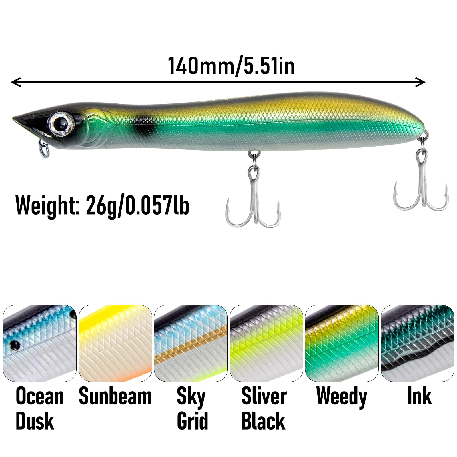 Dr.Fish Lure for SeaBass 140mm/26g Treble Hooks Laser Scale Popper Lure for Pike Bass Trout Surface Fishing(Ink) - Image 2