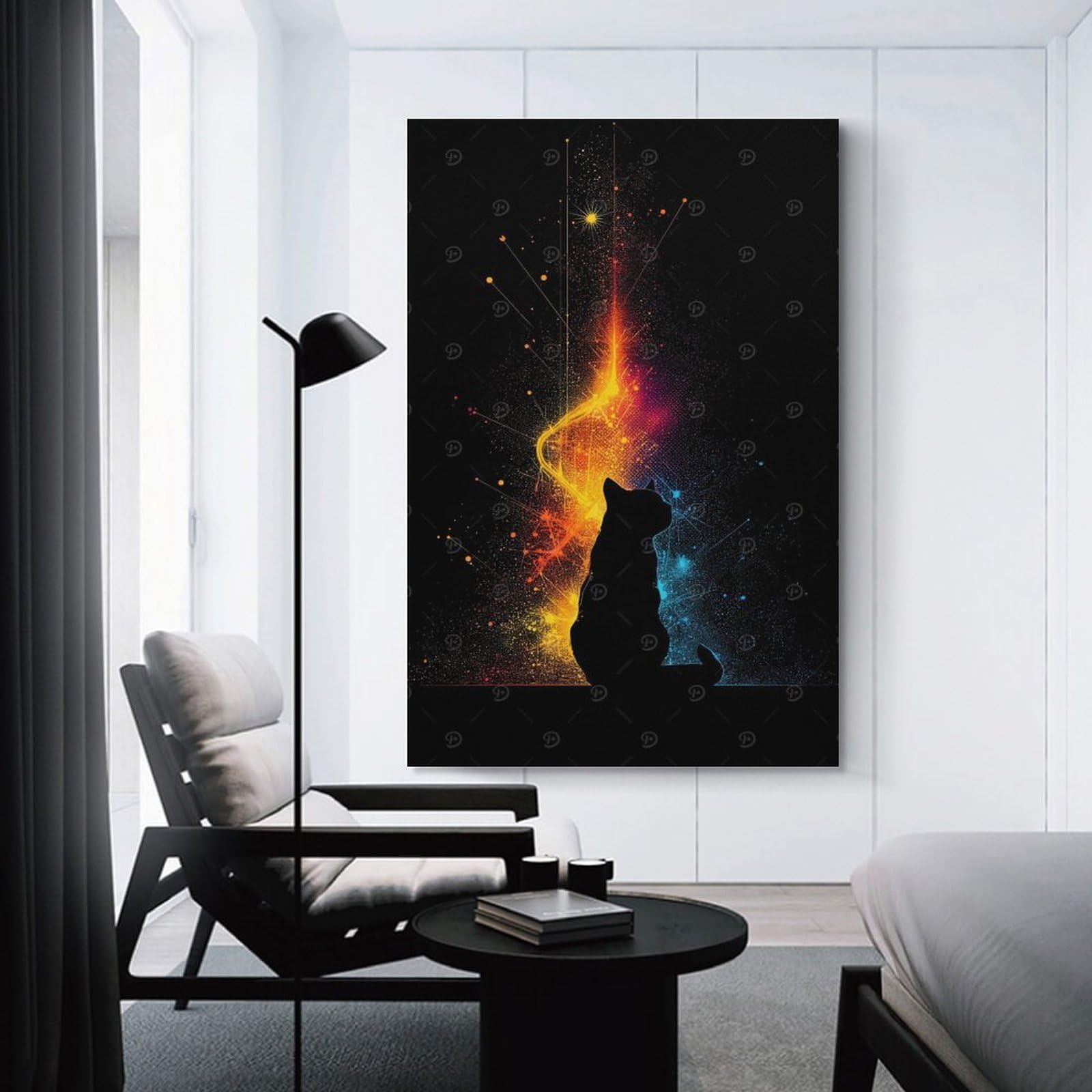 Junmoney Silhouette Cat with Colorful Abstract Background Wall Art Print, 20x30inch(50x75cm), for Front Hall, Corridor Or Welcome Spaces, Wall Decor to Refresh Empty Corners
