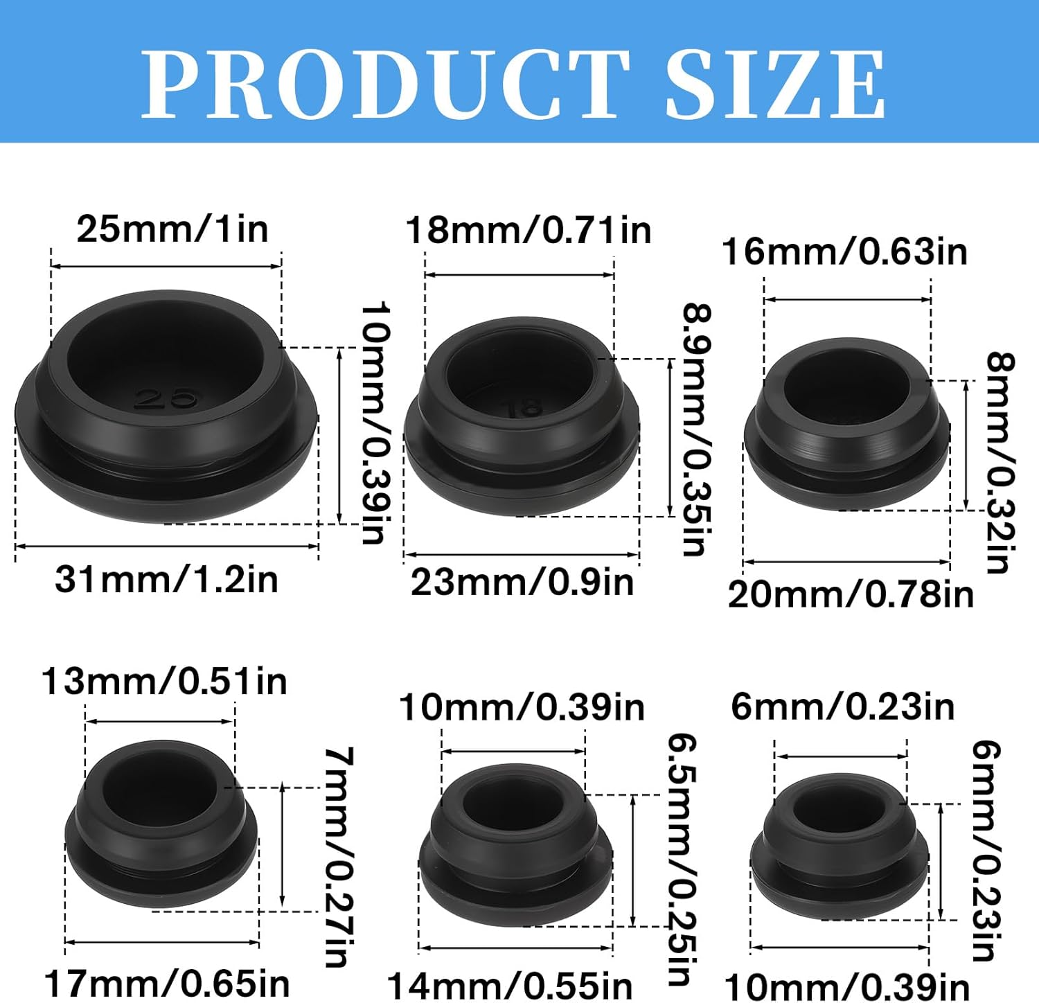 Rubber Hole Plugs for Round Holes, 62Pcs 6 Sizes Black Rubber Plugs with Clear Box for Round Holes Silicone Hole Plug Snap Locking for Furniture Car Wiring(1" 3/4" 5/8" 1/2" 3/8" 1/4")