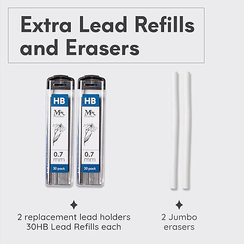 Miniatura 5 de MozArt - Lápices mecánicos de 0028in juego de 4 lápices de plomo de 0028in 2 soportes de plomo con 30 repuestos de plomo HB bolígrafo de borrador