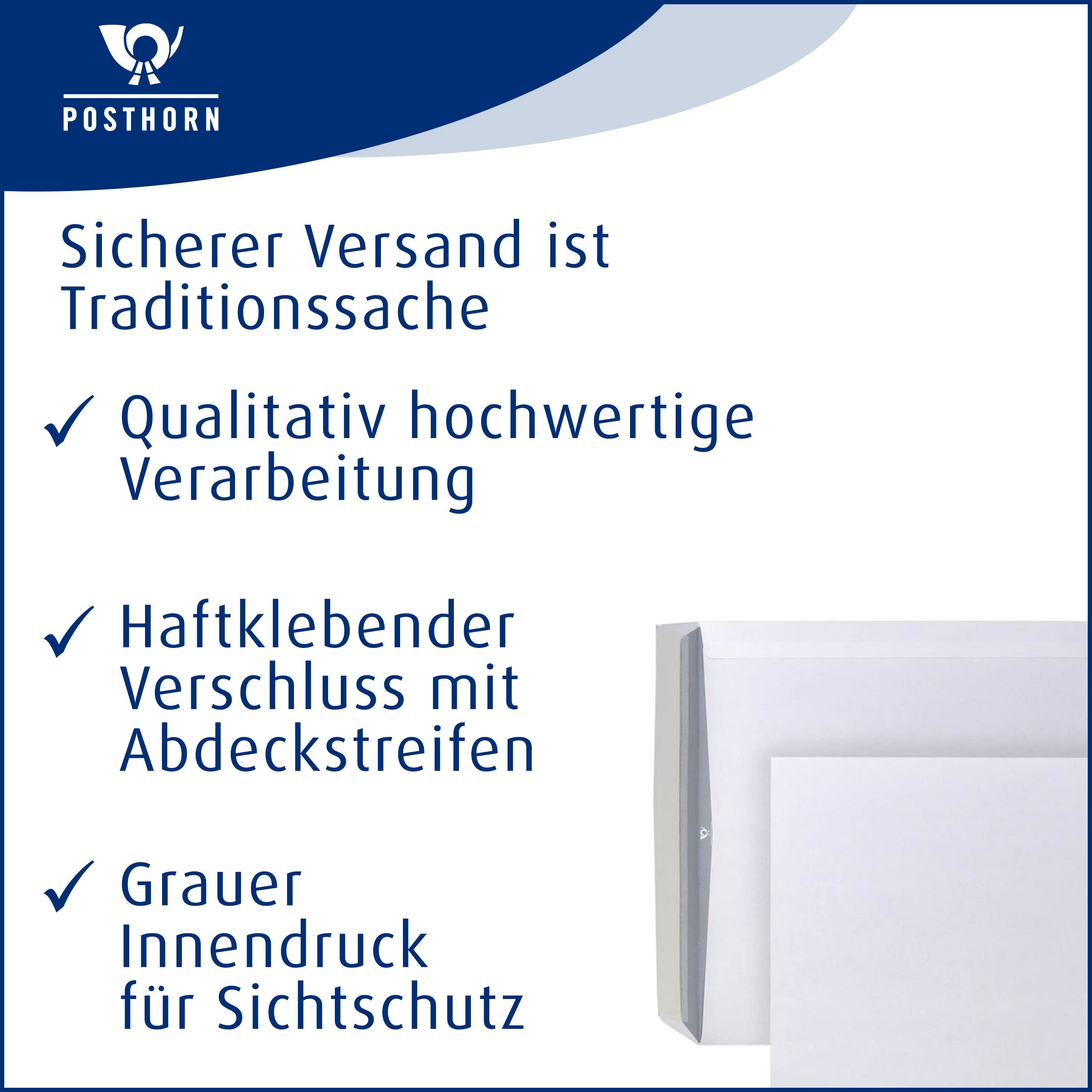 POSTHORN - Sobre B4 (250 unidades, 353 x 250 x 1 mm, 120 g/m²) | Sobres autoadhesivos sin ventana, color blanco con impresión interior gris para protección visual
