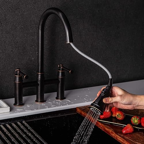 Miniatura 7 de Lava Odoro - Grifo de cocina de puente de bronce aceitado con rociador extraíble, grifo de fregadero de cocina de transición de 3 agujeros,