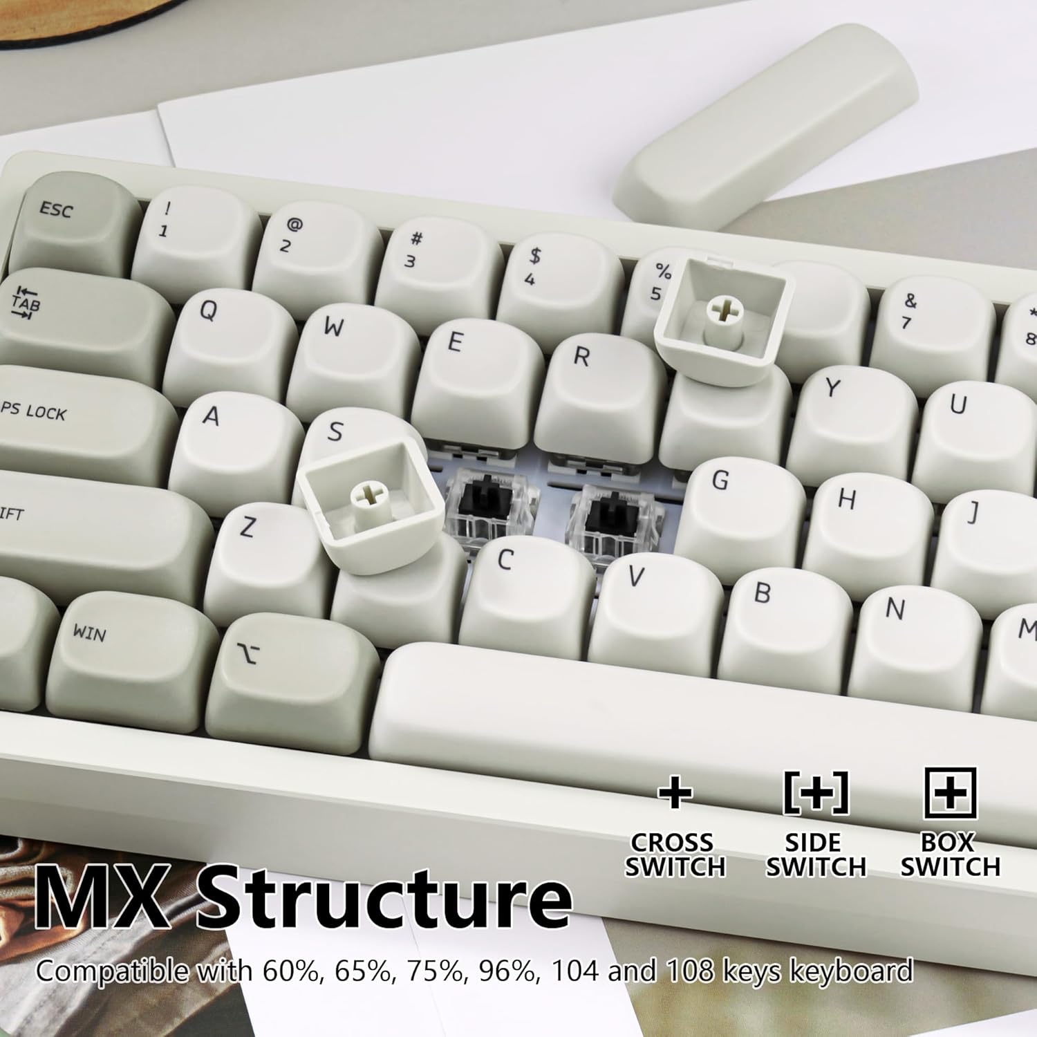 Retro PBT Keycaps, 137 Keys Minimalist Style Gray Keycap Set, Dye-Sublimation, MOA Profile, Janese Retro Theme for US Layout Cherry MX Switches Mechanical Keyboard